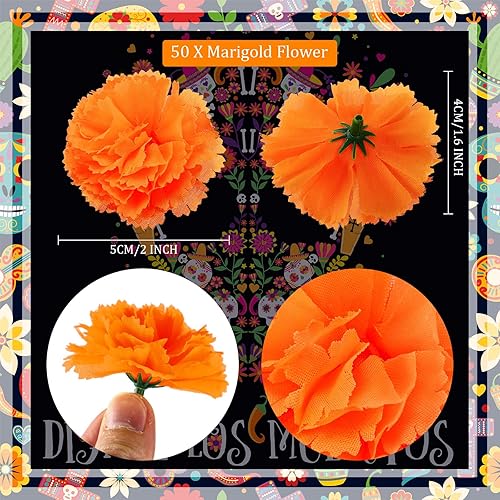 Miniatura 2 de WILLBOND 50 flores artificiales de caléndula y 50 piezas de caléndula de azúcar Día de los Muertos, decoración del Día de los Muertos para Diwali,