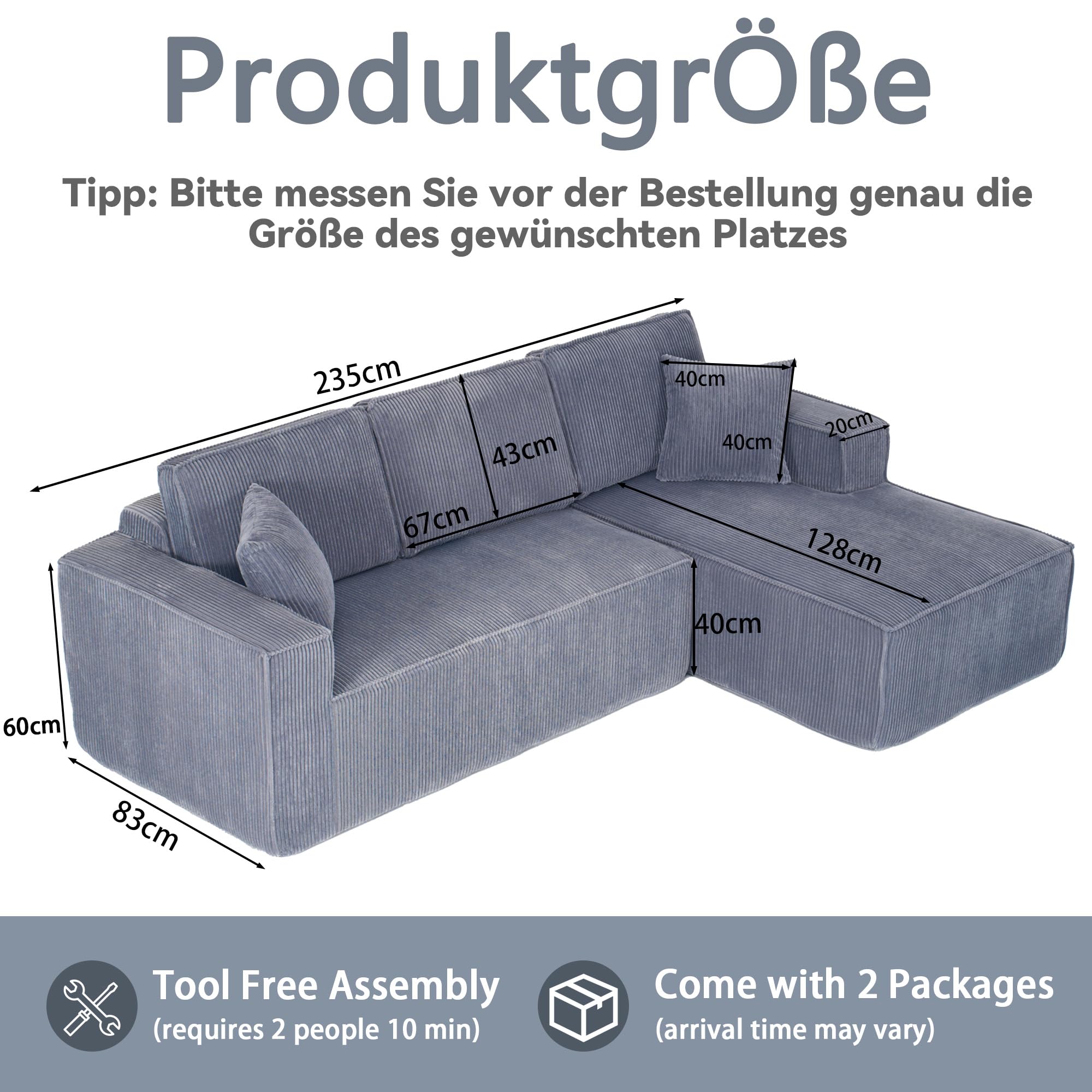 Wiuzo Sofá de pana comprimido en forma de L para 2 personas + chaise longue esquina, sofá modular esquinero con acolchado suave de espuma de alta densidad (gris + chaise longue derecho)