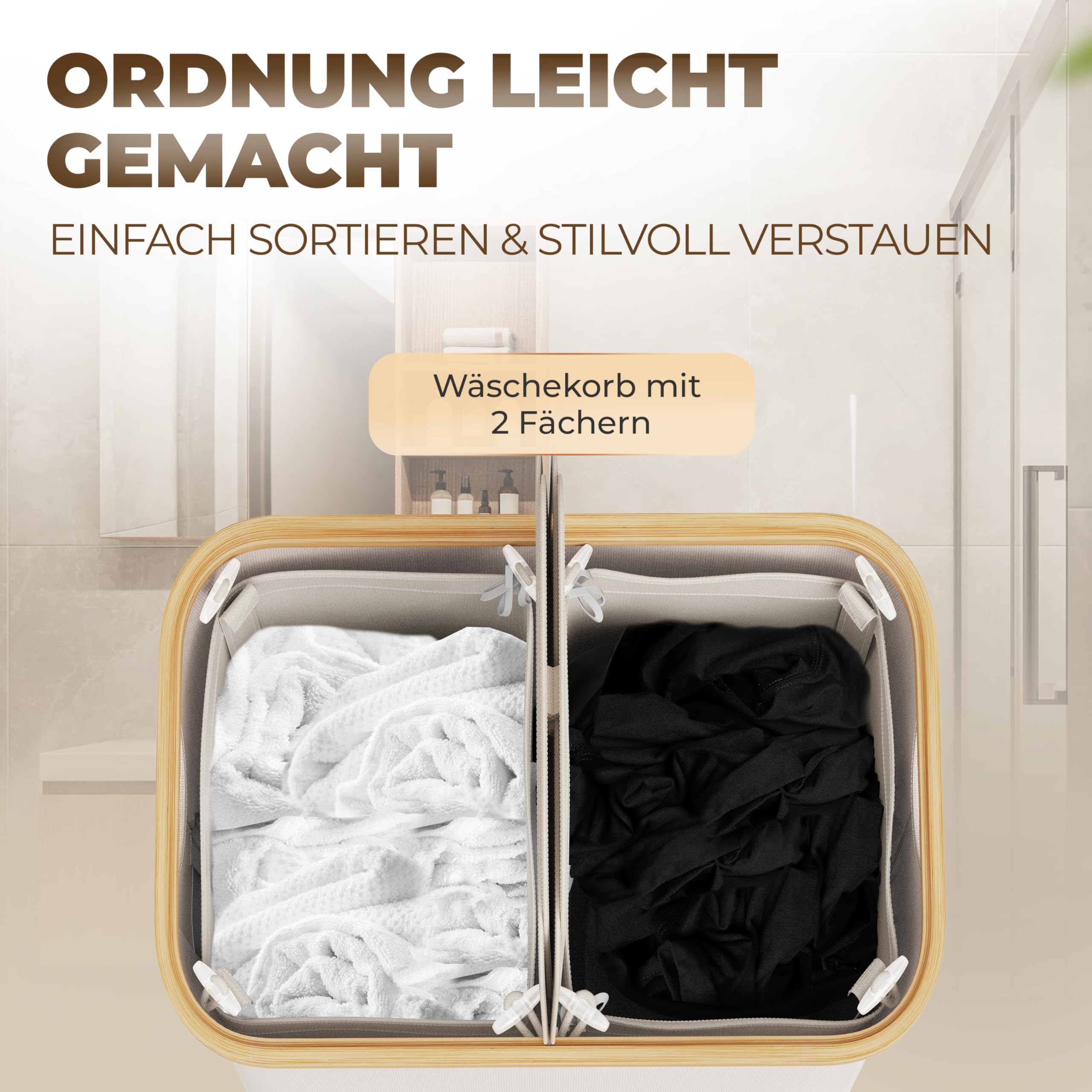 Celeko Home 100 L laundry basket with lid foldable laundry box with lid made of bamboo XXL laundry basket collector square 53 x 34 x 5 cm 2 compartments with removable laundry bags third bag free - Image 2