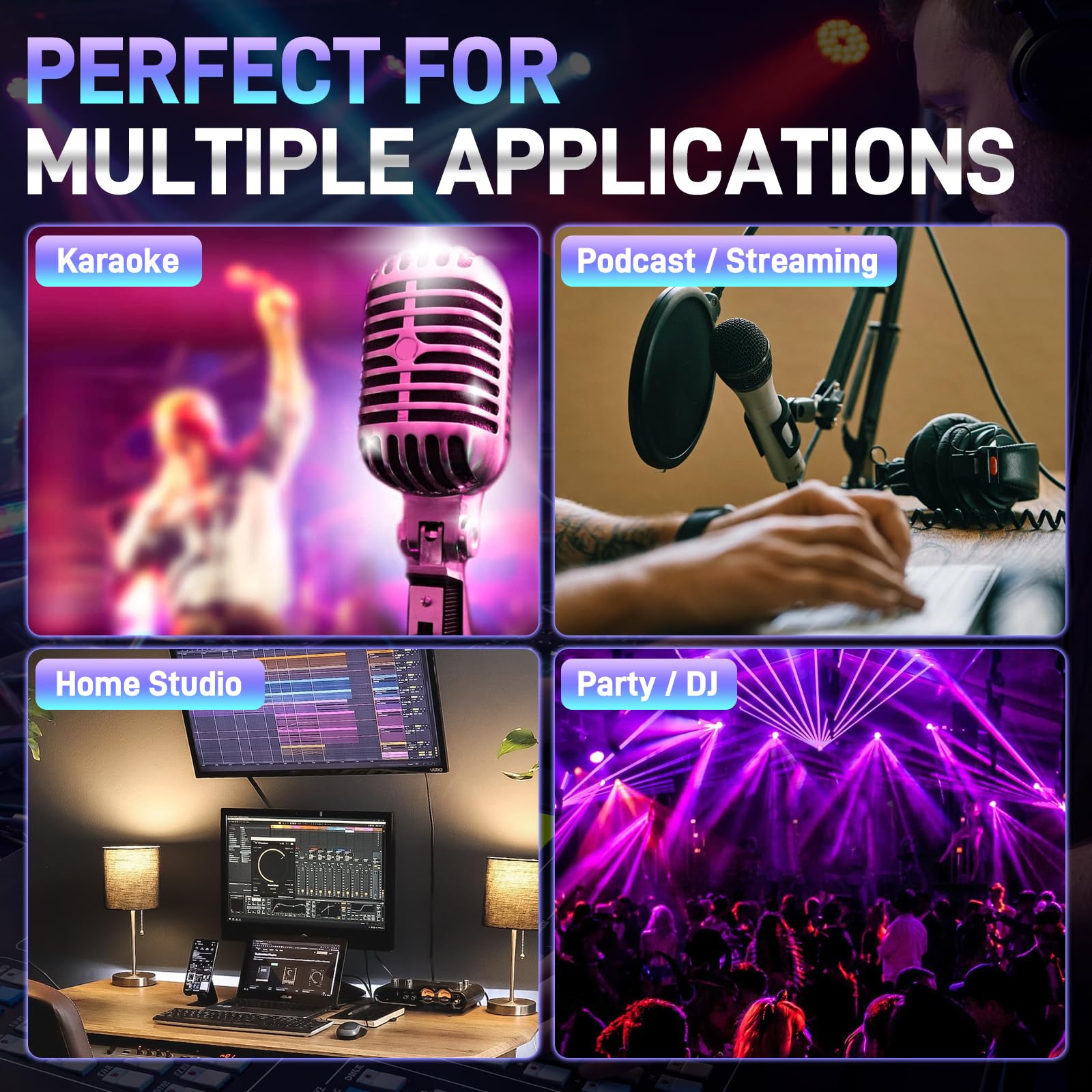 Mixer audio DJ a 6 canali con Bluetooth, scheda audio USB/MP3, effetti DSP integrati e alimentazione phantom 48V, console di mixaggio compatta per karaoke, podcast, live streaming e registrazione in