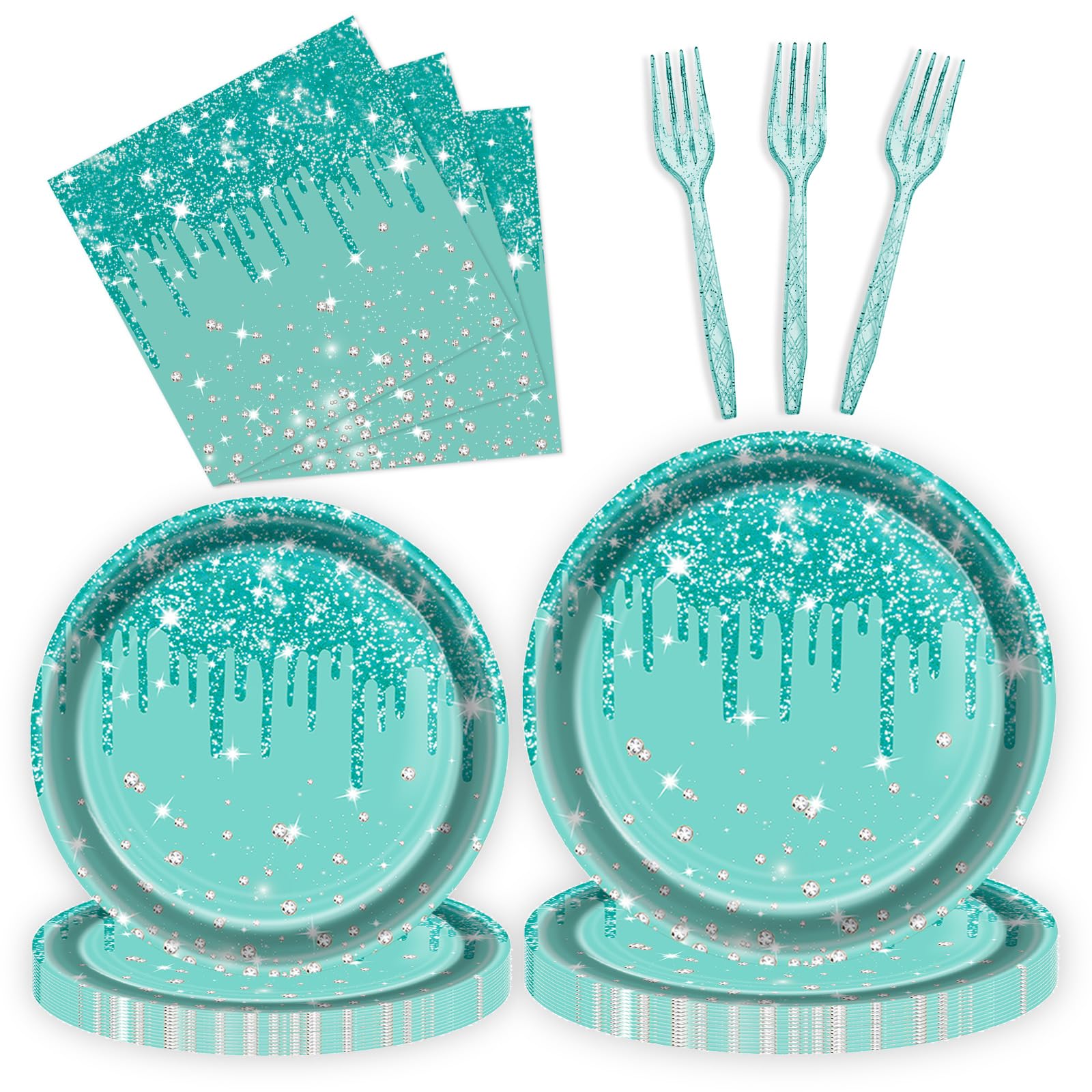 96 Pcs Blue Green Silver Birthday Party Plates Napkins Forks Supplies Tableware Set Disposable Paper Glitter Theme Decoration for Kids, Serves 24