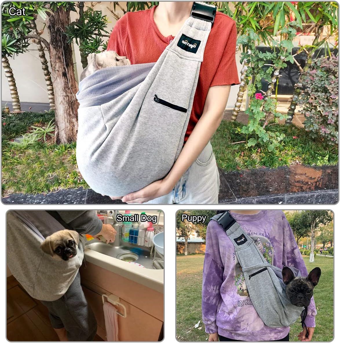 NATUYA ペットスリング ペット バッグ 小型犬 猫用 キャリーバッグ バックル ペット スリング 抱っこ紐 ペットバッグ ショルダーバッグ 通気性 安全ロープ付き 調節可能 ギフト ソフトキャリーバッグ メッシュネット付き(グレー)