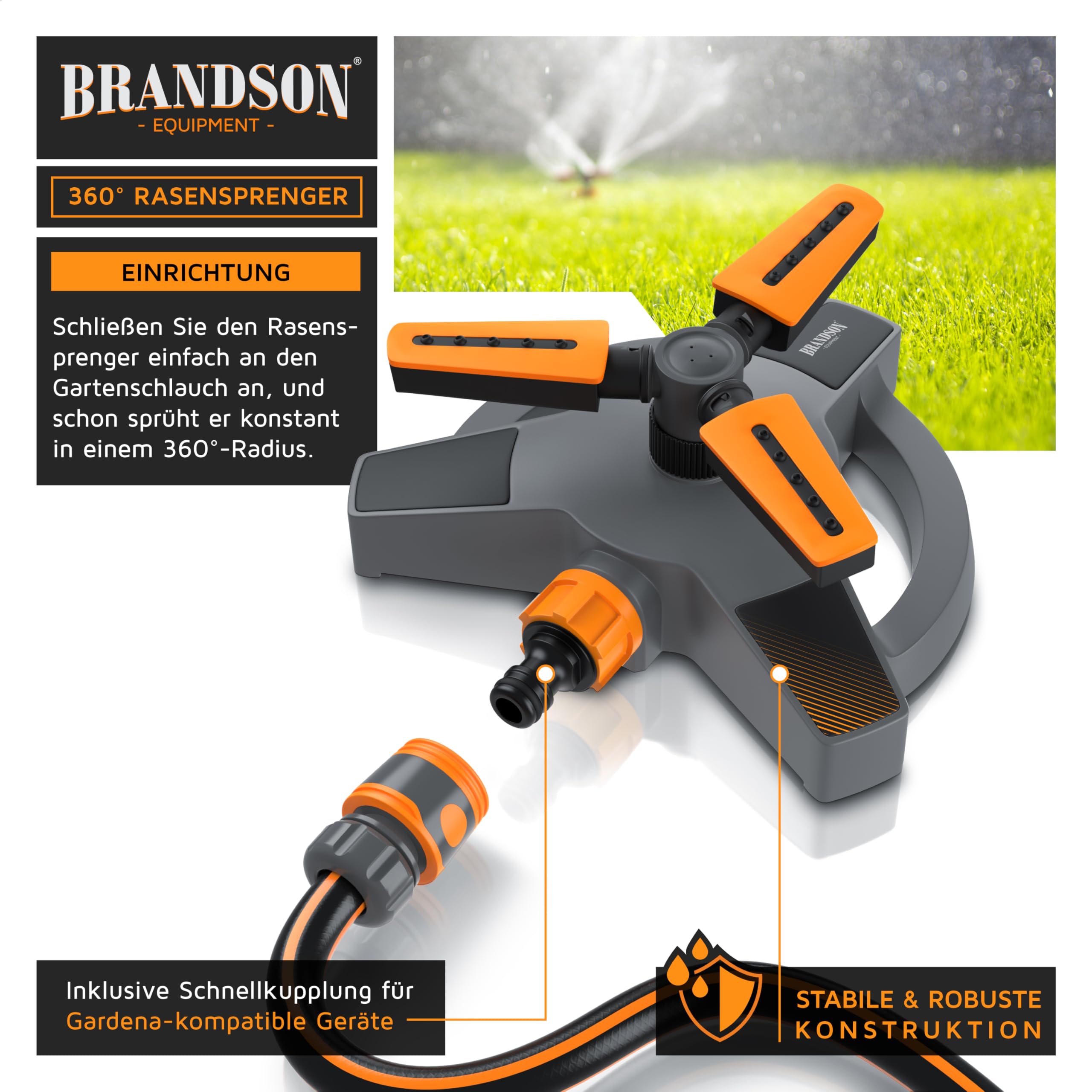 Brandson – Viereckregner 360 Grad für große Flächen - Rasensprenger 3/4 Zoll - 18 Düsen - unterschiedliche Abstrahlwinkel - rotierender Wassersprinkler – DREI Arme – für Garten Pflanzen Beete