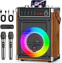 JYX Best Portable Karaoke Speakers with 2 UHF Wireless Microphones System, Bass/Treble/Echo Bluetooth Outdoor Sound Box with LED Light, Support TWS, AUX in, FM, REC, Supply for Party/Adults(Wood)