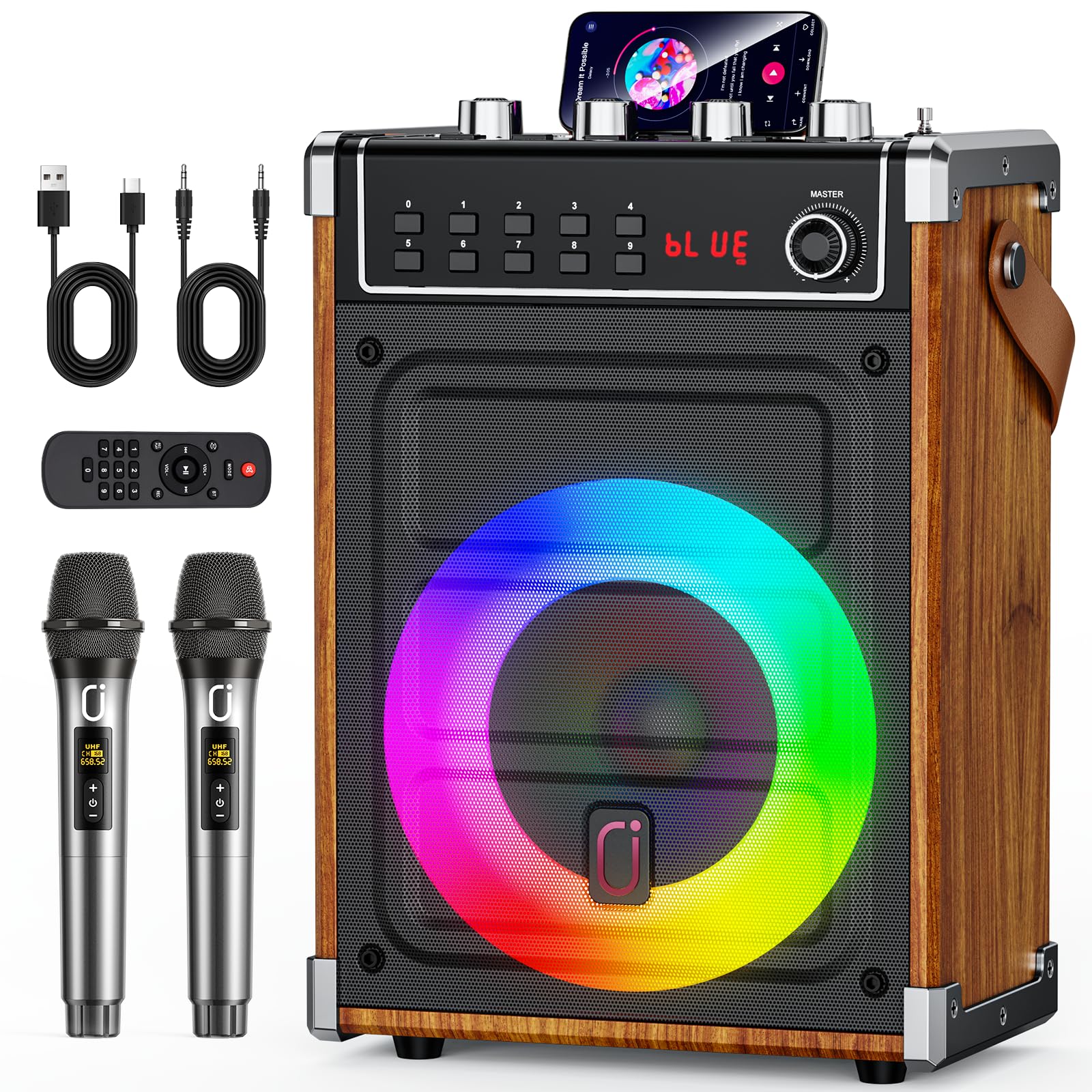 JYX Karaoke Machine with 2 Wireless Microphones, Bluetooth Speaker with Bass/Treble/Echo Adjustment & LED Light, Support USB, SD Card, AUX, TWS, FM, REC, Supply for Party/Adults (Wood)