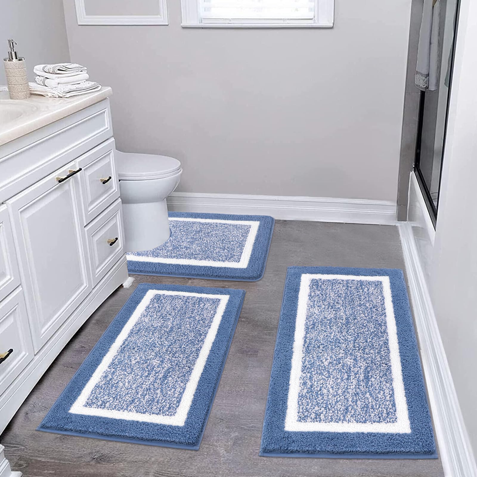 Pauwer Bathroom Rug Sets - 3 Piece Shower Mats with U-Shaped Contour Toilet Mat, Absorbent Microfiber Plush Bath Mats, Non Slip, Machine Washable Shaggy Floor Mats
