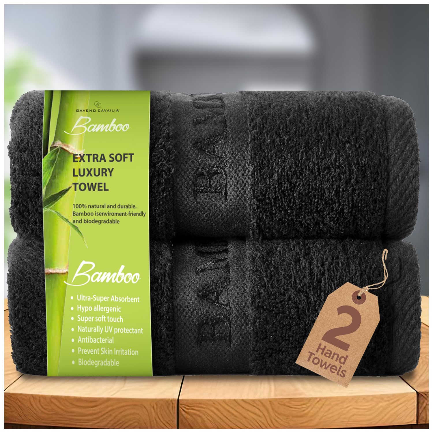 GC GAVENO CAVAILIA 500 GSM Bamboo Hand Towels - Pack of 2-60% Bamboo 40% Cotton - Ultra Soft and Highly Absorbent - Quick Drying Towel Set for Bathroom, Hotel, Spa & Gym - (50 x 80 cm), Black
