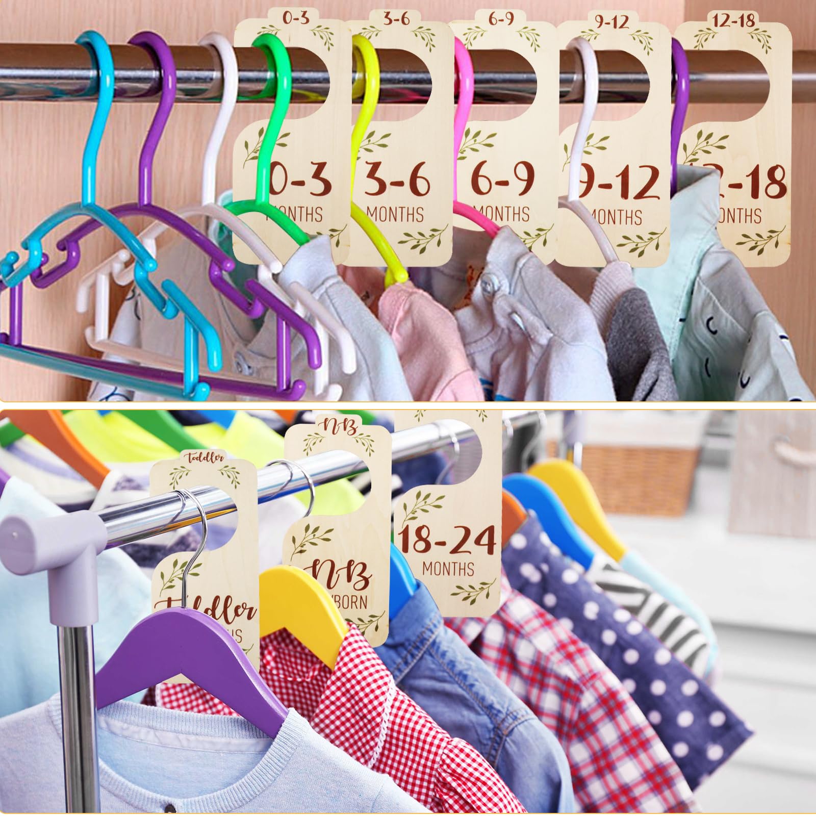 Divisores bohemios para armario de bebé, 8 piezas de hermosos separadores de madera para ropa de bebé, organizador de doble cara de tamaño de ropa de bebé de NB a 24 m, adorable decoración de