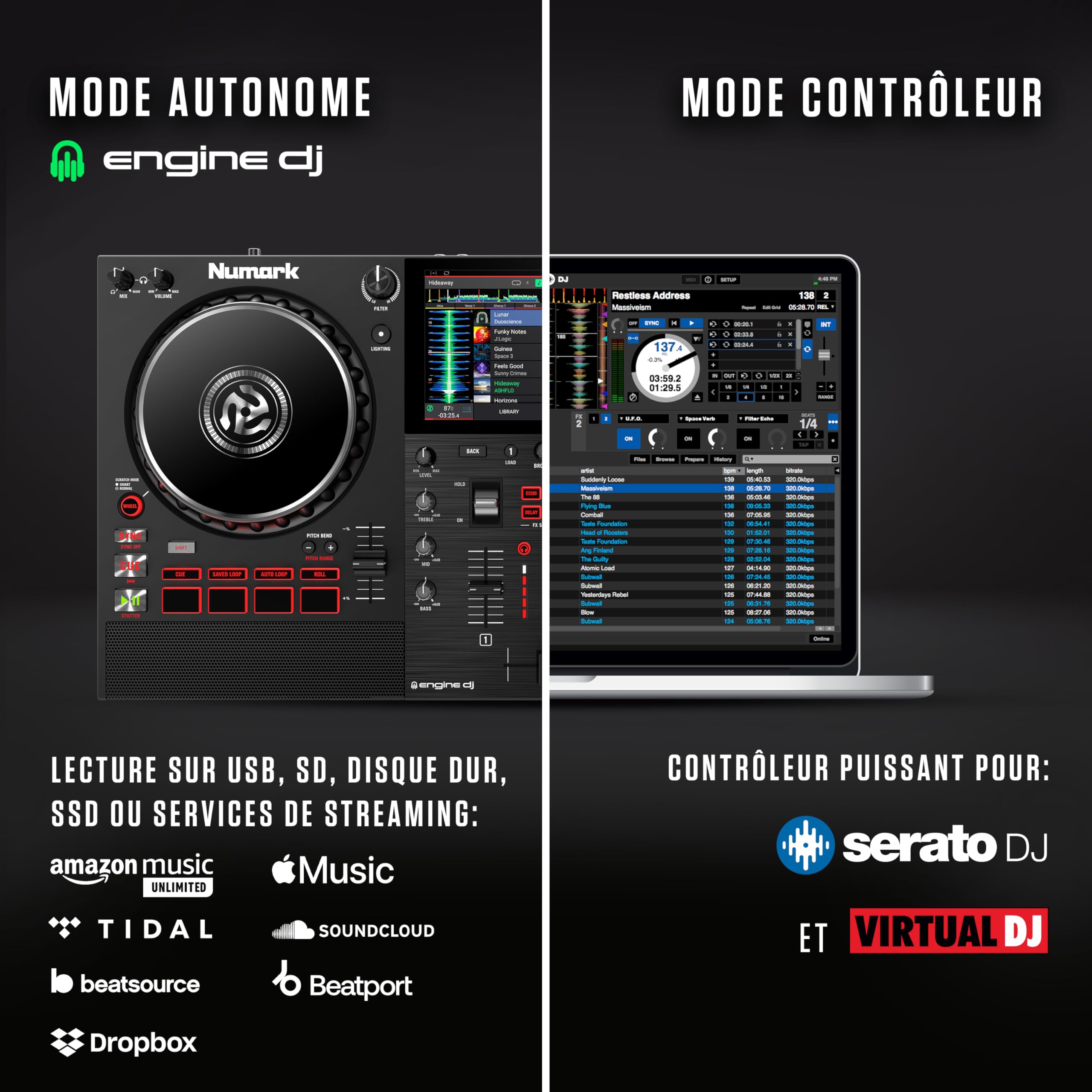 Numark Mixstream Pro+ contrôleur DJ avec séparation Stems, 2 platines, Wi-Fi, mixeur, écran tactile 7", haut-parleurs, compatible Serato et Virtual DJ