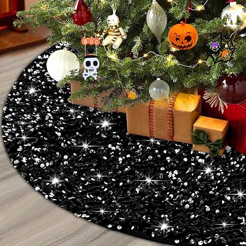 XIMISHOP Falda de árbol de lentejuelas de 48 pulgadas, falda de árbol negra plateada con purpurina para decoración de árbol de Navidad, Halloween,