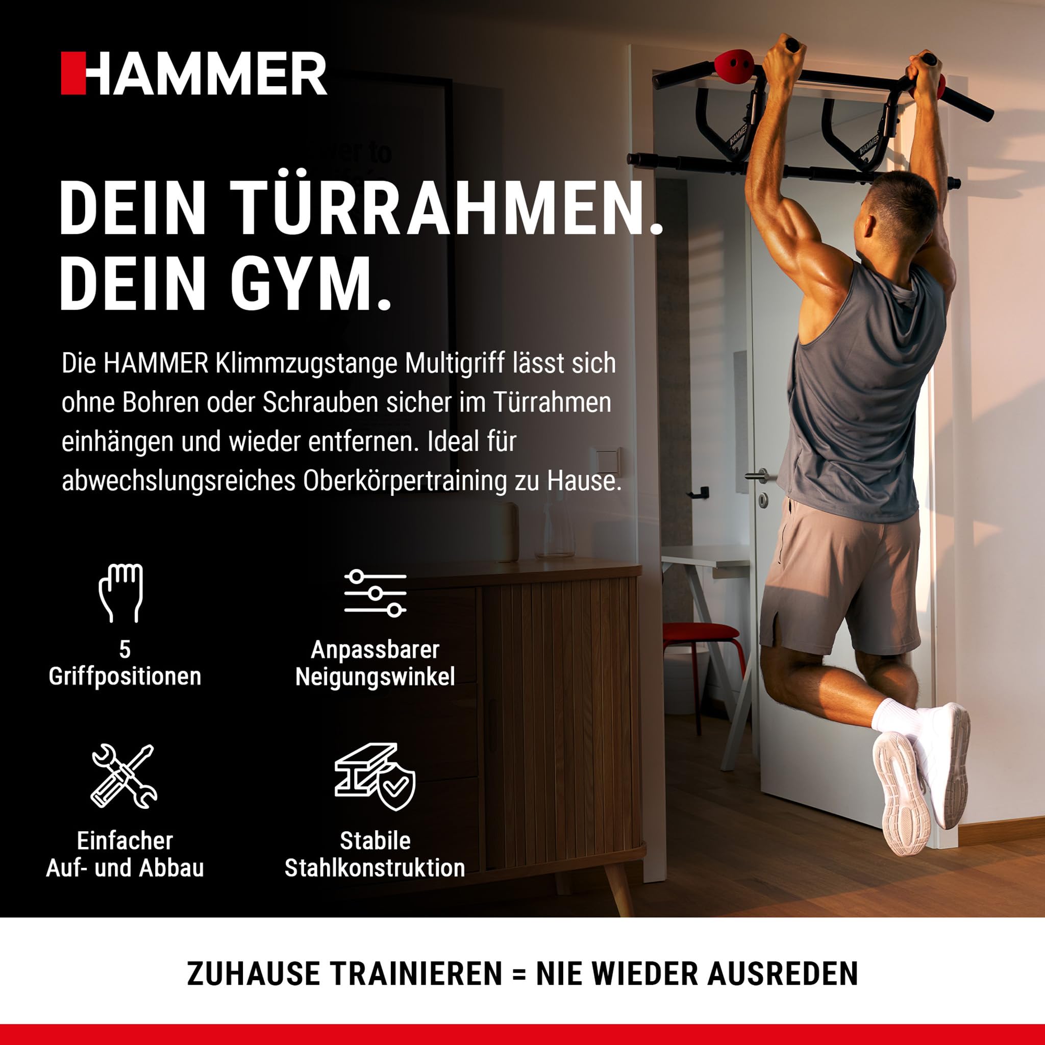 HAMMER Barra per trazioni, impugnatura multiuso, facile da appendere, 5 possibilità di impugnatura, maniglie integrate per boulder, angolo di inclinazione regolabile, portata fino a 150 kg