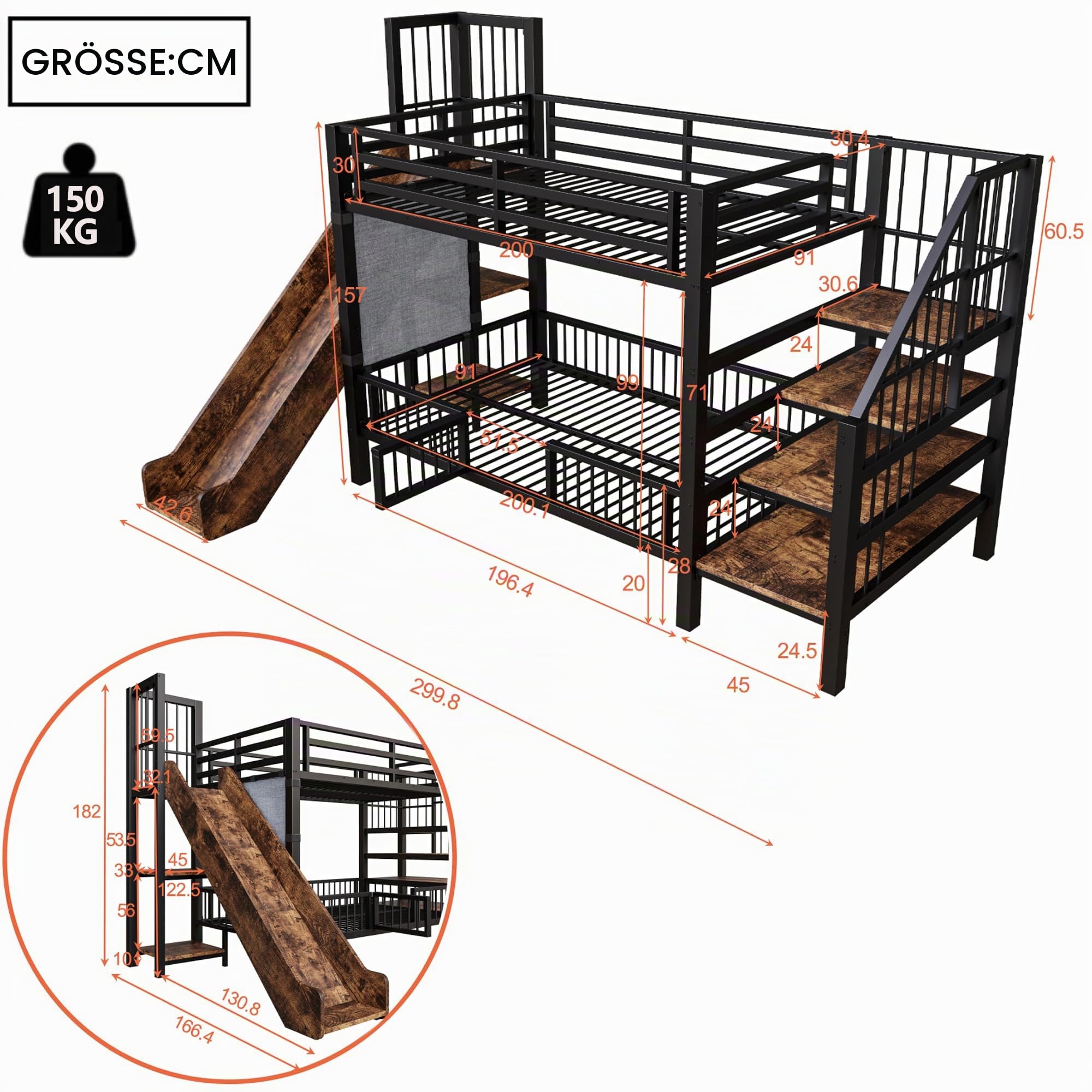 Merax Metall-Etagenbett 90×200 cm, mit Rutsche, Stauraumtreppe, Schutzgitter, integrierten Regalen, platzsparendes Kinderbett, Etagenbett für Jungen & Mädchen, Schwarz (ohne Matratze)