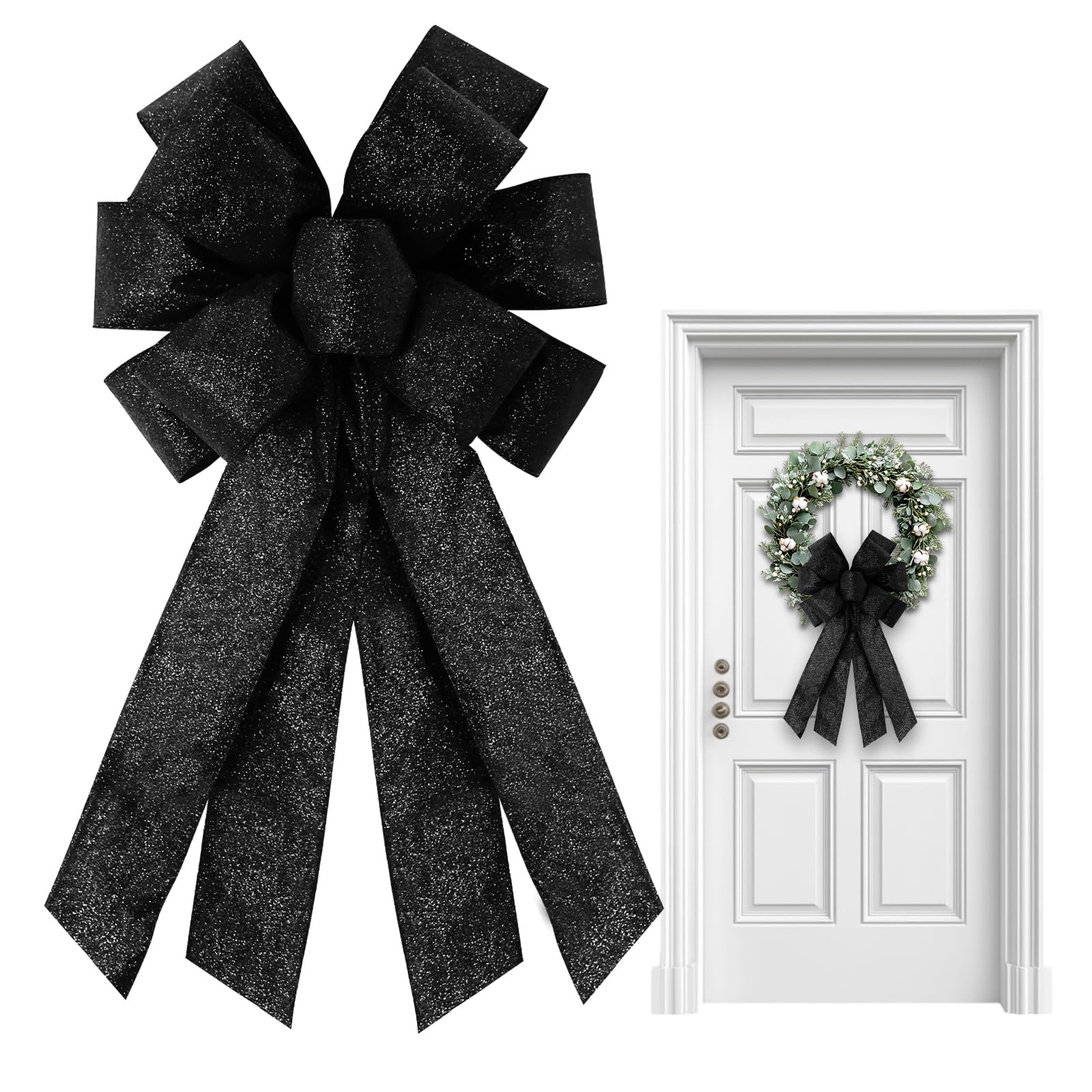 Vickasi Christmas Wreath Bows for Front Door, Glitter Black Ribbon Bowknot Holiday Bows Accessories for Wreath Christmas Wedding Decorations