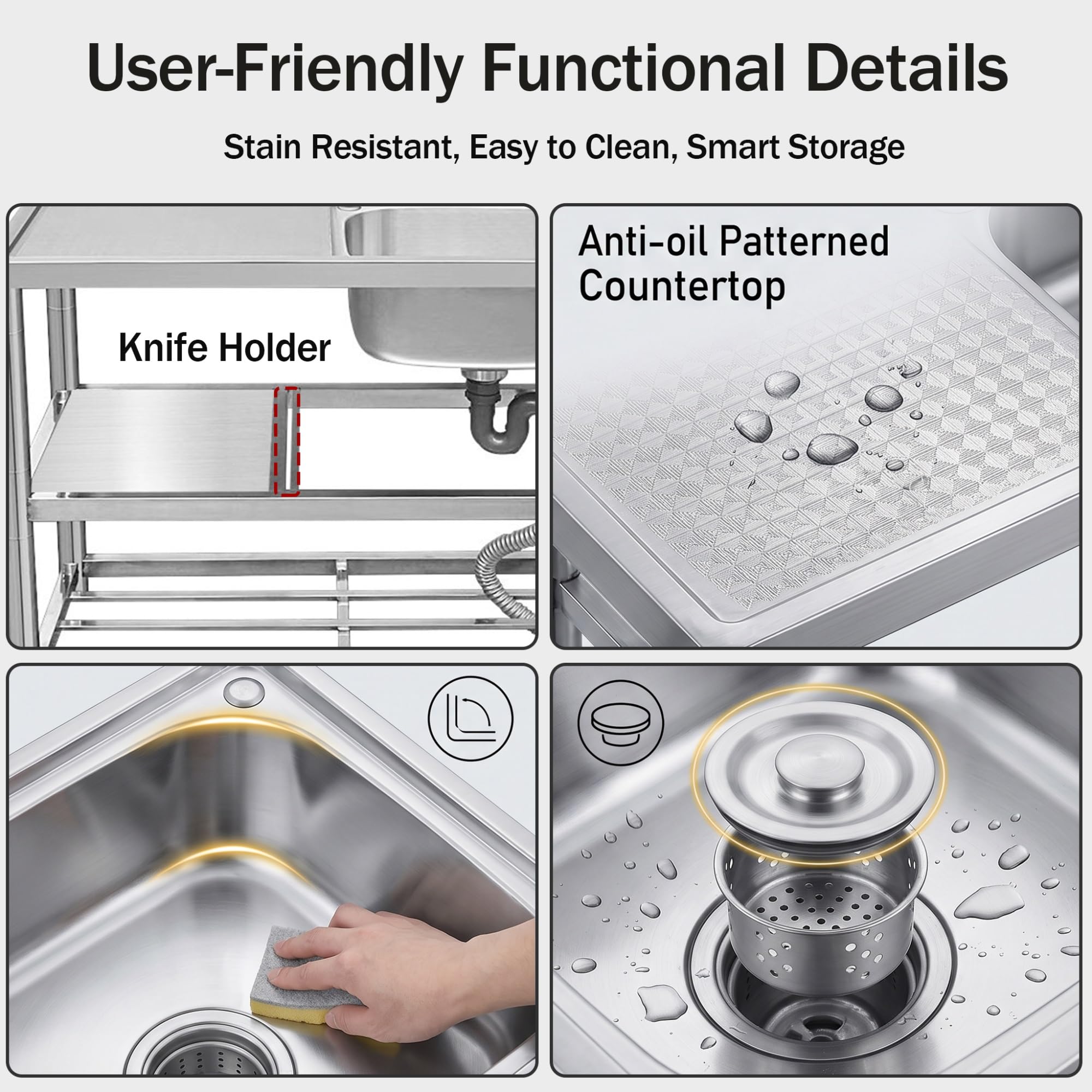 Lavandino da Esterno Inox Professionale Autonomo, Lavello da Cucina con Piano di Lavoro e Ripiano, Lavabo a Vasca Singola con Rubinetto Caldo/Freddo(100X45X80cm)