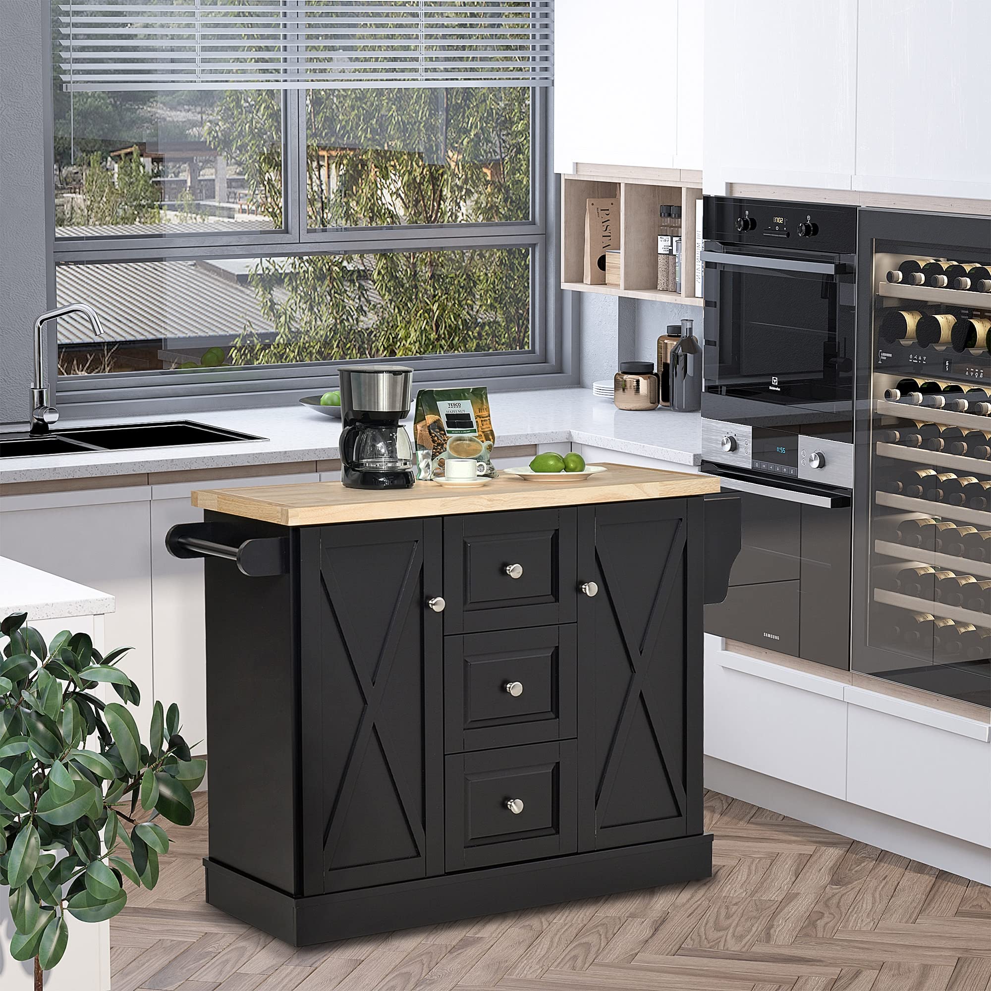 Farmhouse Mobile Kitchen Island Utility Cart on Wheels with Barn