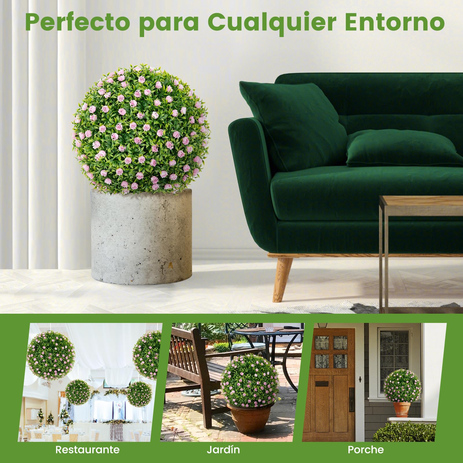 COSTWAY Juego de 2 Bolas de Topiario Artificiales, 37 cm Bolas Decorativas Falsas con Flores Rosas, Esfera de Jardín Interior y Exterior con Protección Solar para Patio, Porche, Hogar, Césped y Bodas