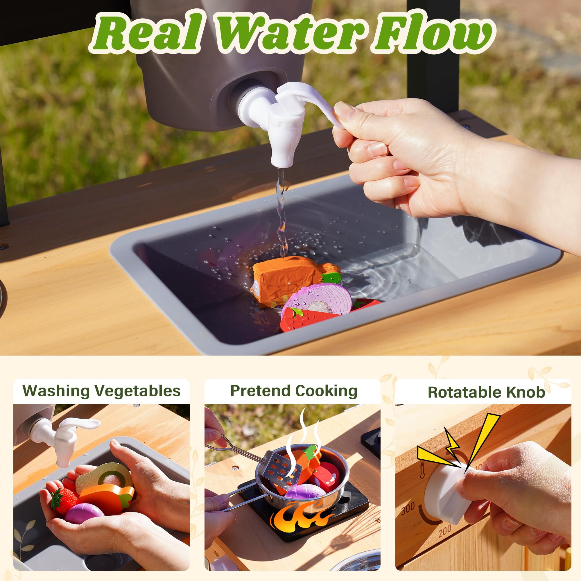 ROBOTIME Mud Kitchen, Grande Cuisine d'Extérieur Deluxe pour Enfants, Jeu de Cuisine en Bois avec bac à Eau, évier de Jardin, bac de Plantation et Accessoires, Jeu de Prétendus pour Garçons Filles 3+