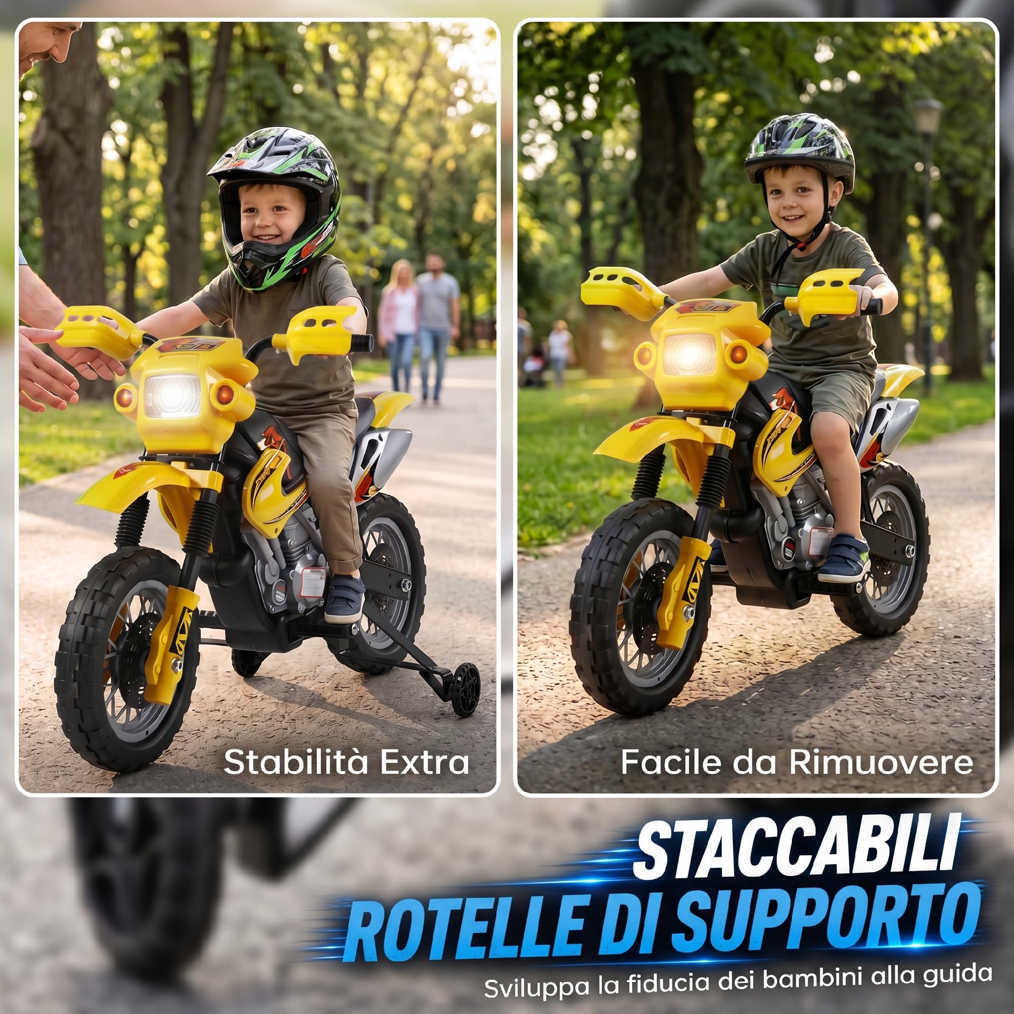 HOMCOM Moto Elettrica per Bambini 3 anni e Più, Moto Cross Elettrica con Rotelle, Batteria 6V Velocità 2.5km/h, 102 x 58 x 66cm, Giallo