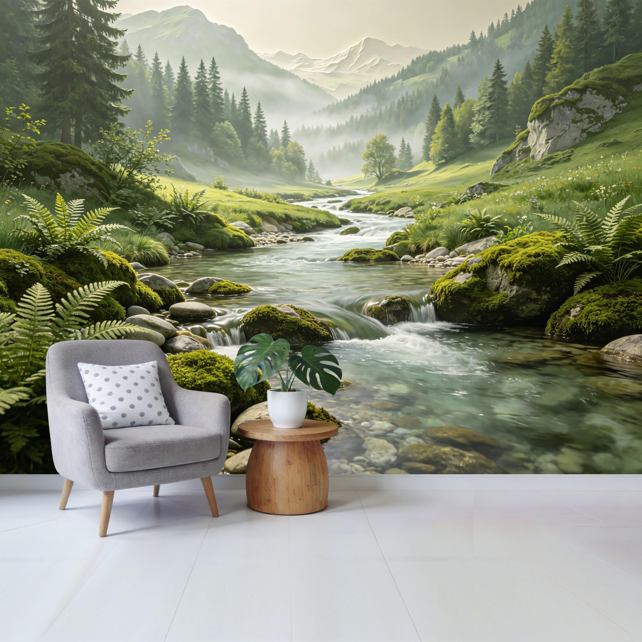 Qzlithotic Yq2605250849 Custom Size Wall Mural Misty Mountain Landscape Pine Forest Flowing Stream Scenic Nature View Selfadhesive Wall Fabric Removable Wallpaper For Home Office Decor