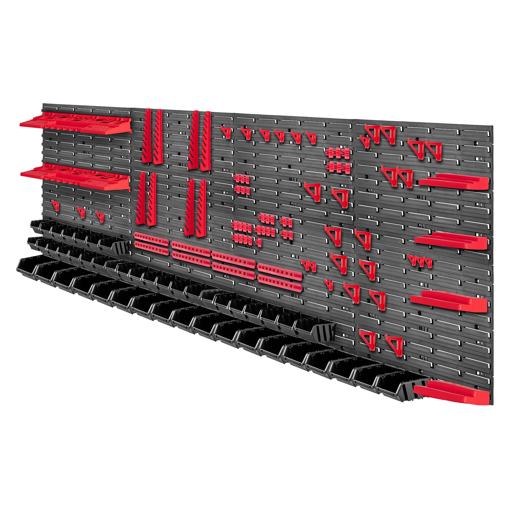 KADAX Estantería de pared para herramientas grande, 232 x 78 cm, sistema de almacenamiento de plástico resistente, sistema modular resistente a los rayos UV, paneles (rojo y negro, 132 piezas)