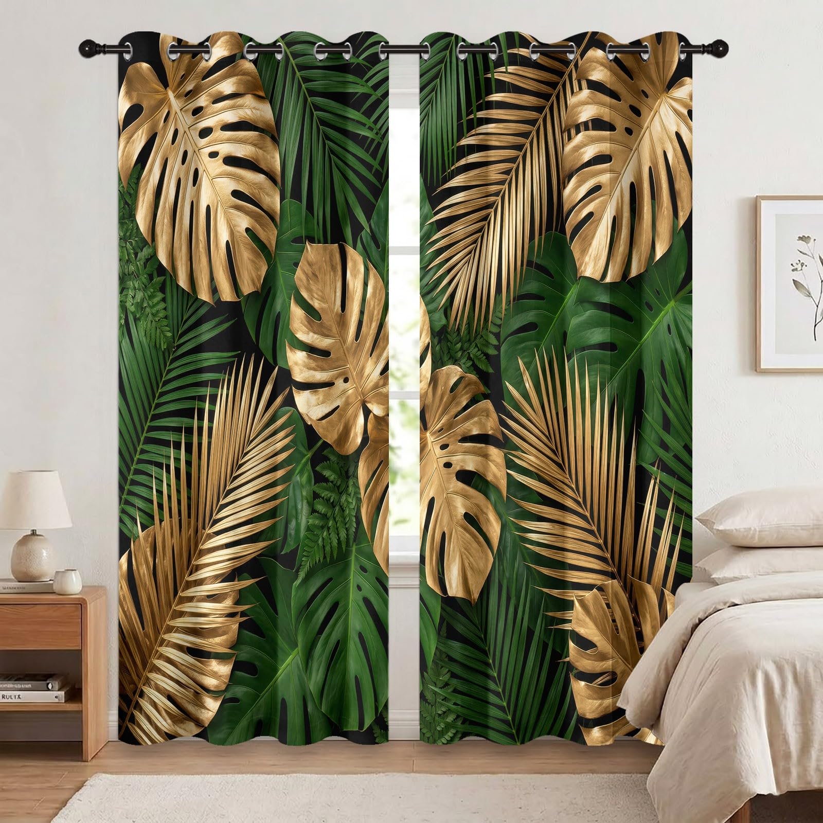Rideaux Occultant Feuille Plante, Rideaux Occultant Monstera Métallique Tropicale Rideau Thermiques Isolant Anti Froid et Chaleur Rideau à Oeillets pour Salle De Séjour, 2 PCS, 91.5L X 160H cm