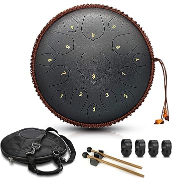 Steel Tongue Drum, 15 Notes 14 inch Black D-Key - Handpan Percussion Instrument - Tank Chakra Drums with Padded Travel Bag, 2 Mallets, for Meditation, Decompression, Music and Gift