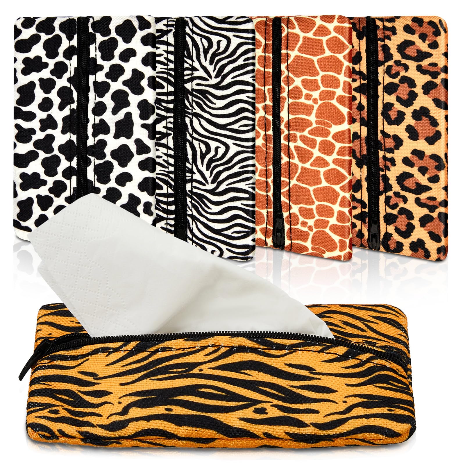 Sherr 5 Pcs Tissues Purse Pocket Holder Reusable Travel Pouch Fabric Zipper Enclosed Small Size Leopard and Zebra Print Pattern Tissue Holder for