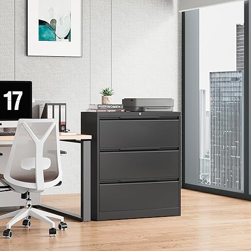 Miniatura 2 de Archivador lateral con cerradura, archivador lateral de 3 cajones para oficina y hogar, archivador ancho de acero metálico para colgar archivos,