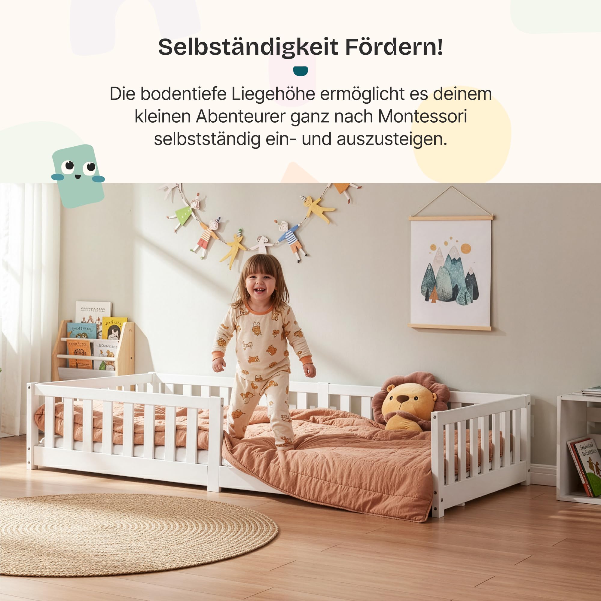 [en.casa] Kinderbett Tanna Bodenbett 90 x 200 cm Holzbett für Kinder mit Rausfallschutz Montessori Bettgestell mit Lattenrost Kiefernholz Weiß