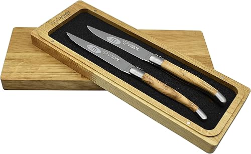 Laguiole en Aubrac L uxury: cuchillos para carne de acero inoxidable totalmente forjados, juego de 2 piezas con mango de madera de olivo, soportes