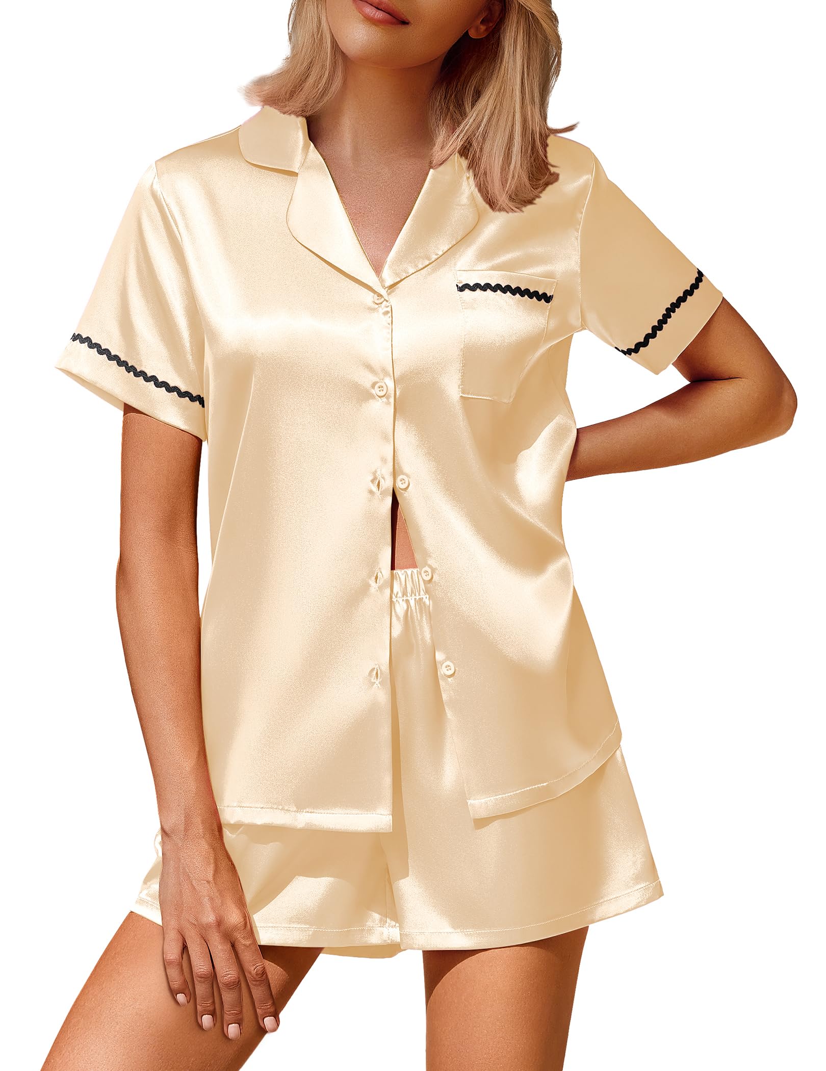 Ekouaer Silk Satin Pajamas 2 Piece Pajamas for Women Set Button Down PJ Short Sleeve and Shorts Pjs