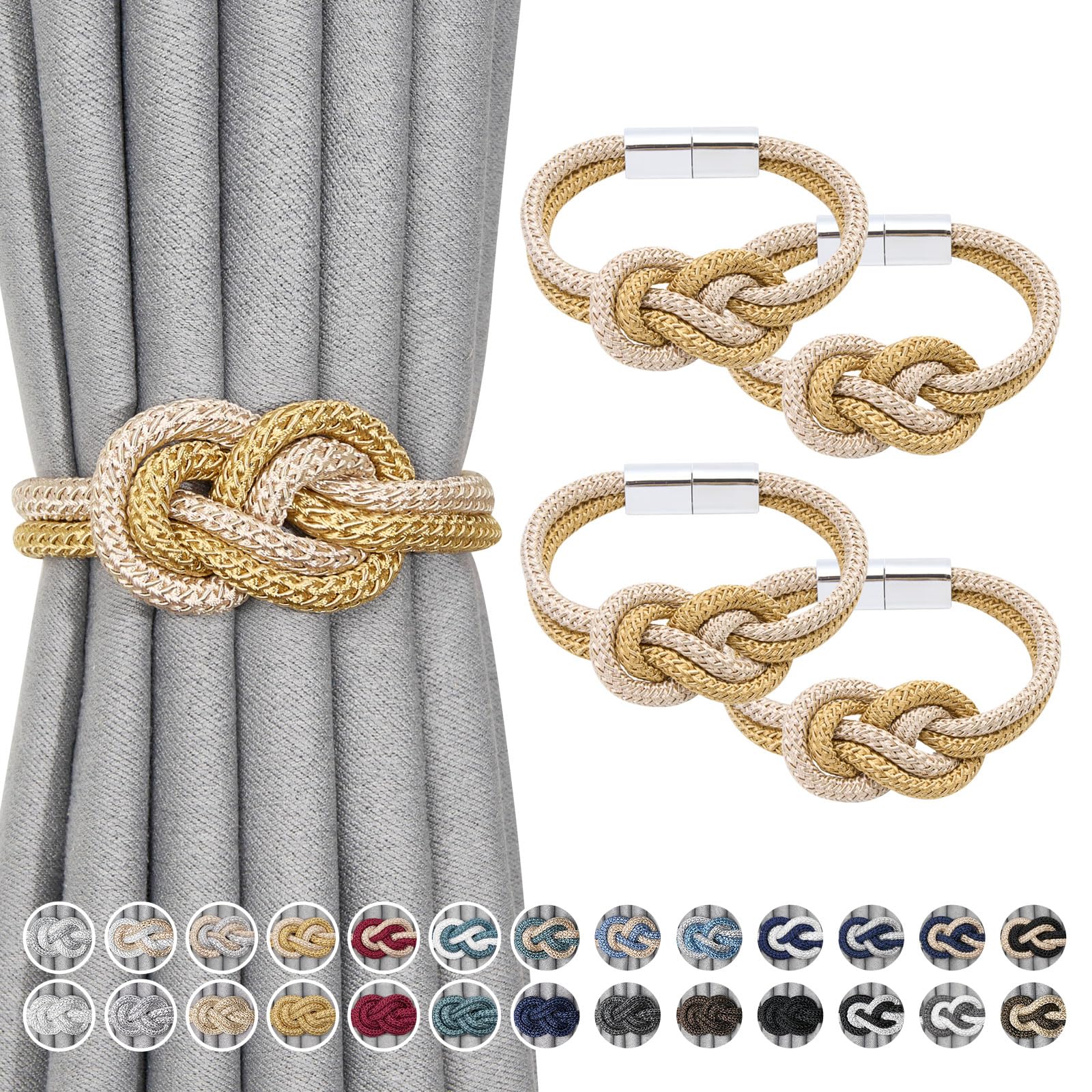 Pretty Jolly 4 Pack Mini Magnetic Curtain Tiebacks Nordic Simple Style Drape Tie Backs Elegant Hand Weave Rope Knot Decorative Curtain Holdbacks for Home & Office Window Drapery (Gold & Beige)