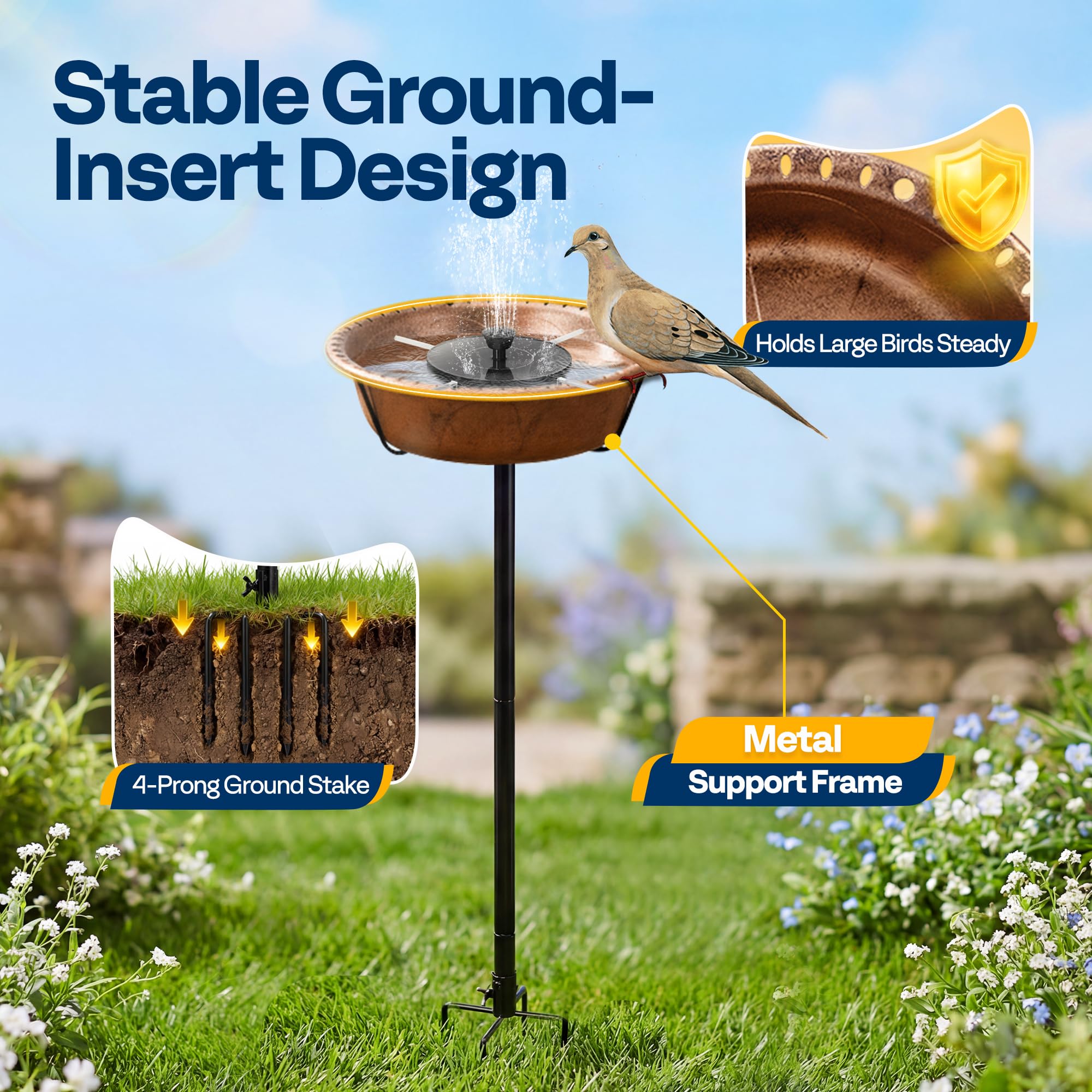 VIVOHOME Bacino per Uccelli in Poliresina con Fontana Solare, Altezza 74cm, Mangiatore per Uccelli da Giardino Autonomo con Pali in Metallo, Base a 5 Punte
