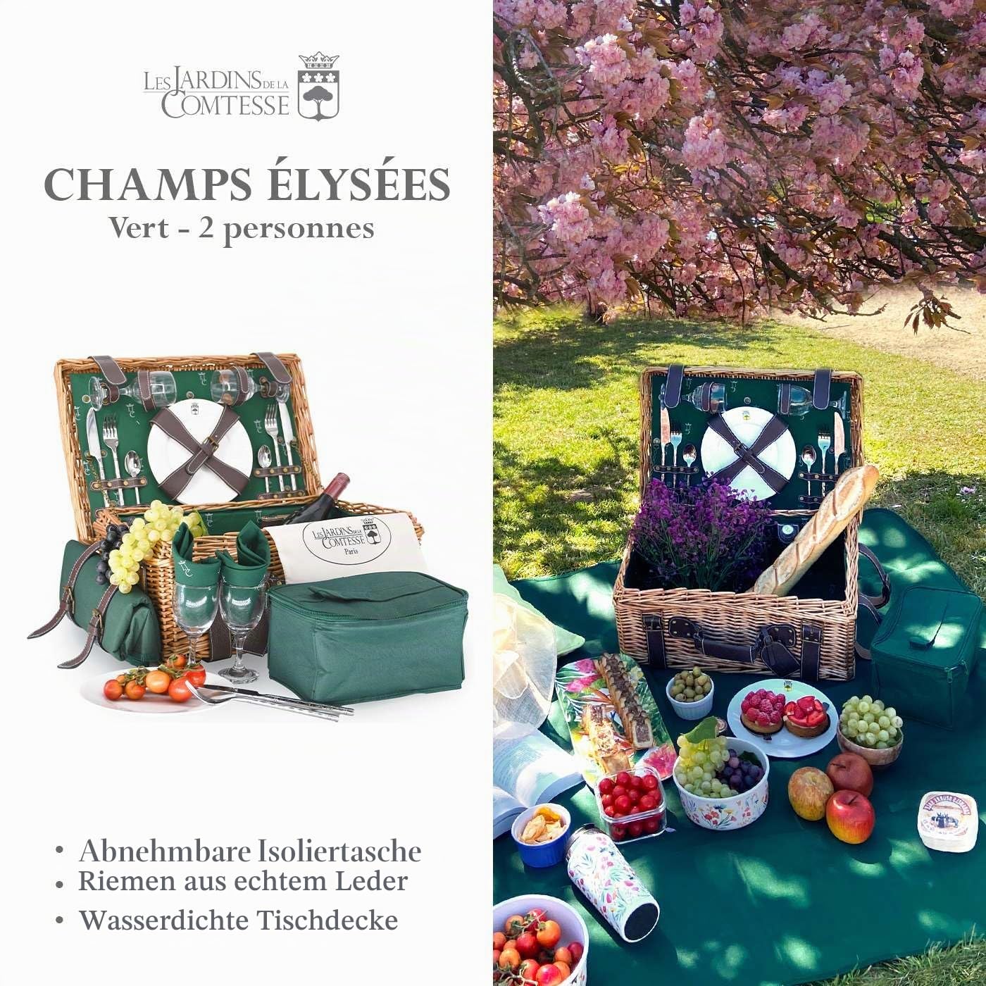 Les Jardins de la Comtesse - Picknickkorb Champs-Elysées aus Weidengeflecht und echtem Leder - Dunkelgrün - Für 2 Personen - Komplett Ausgestattet - Keramikteller und Weingläsern - 48 x 33 x 21 cm