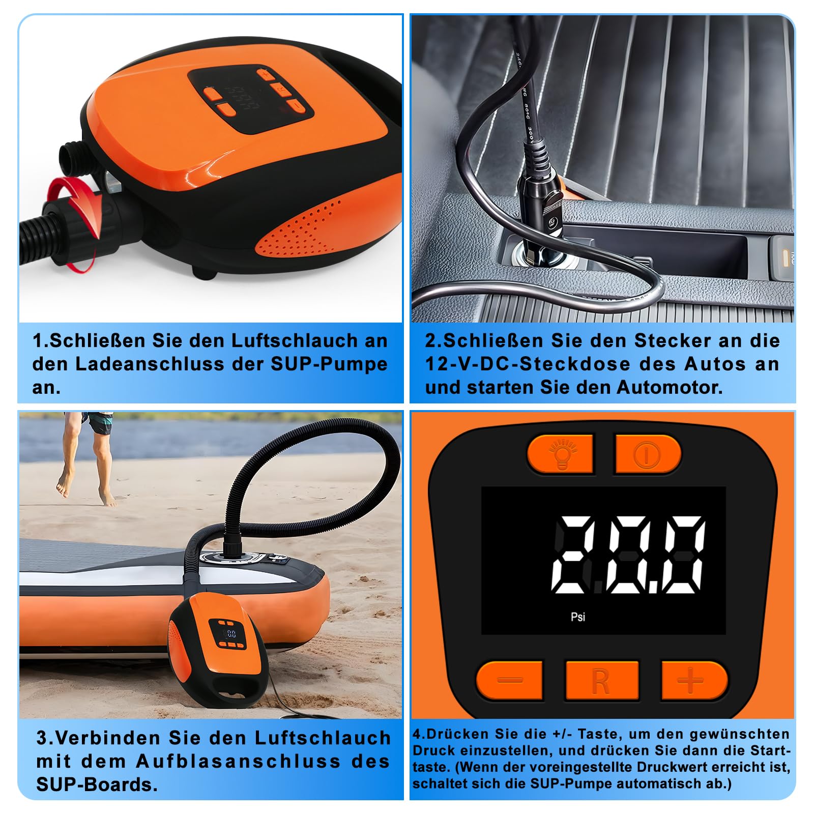 Pompa elettrica SUP 20 PSI, 12 V, pompa ad aria ad alta pressione con auto-off, display LCD, luce LED, 7 adattatori per stand up paddle board gonfiabile, kayak