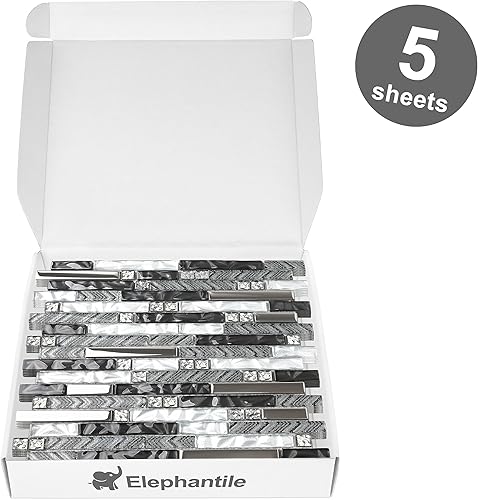 Miniatura 4 de Azulejo lineal de vidrio blanco y negro para salpicaduras de cocina Bahtroom hojas de mosaico de pared juego de 5