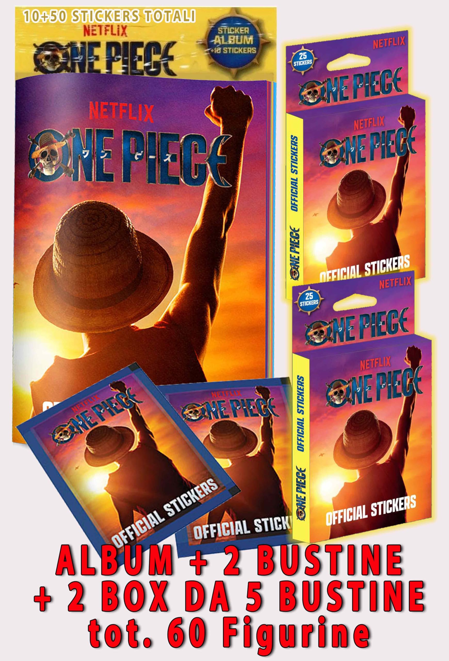 Album Figurine One Piece+2 bustine da 5 Figurine+ 2 Deck da 5 bustine – Collezione Carte One Piece Diramix -Netflix