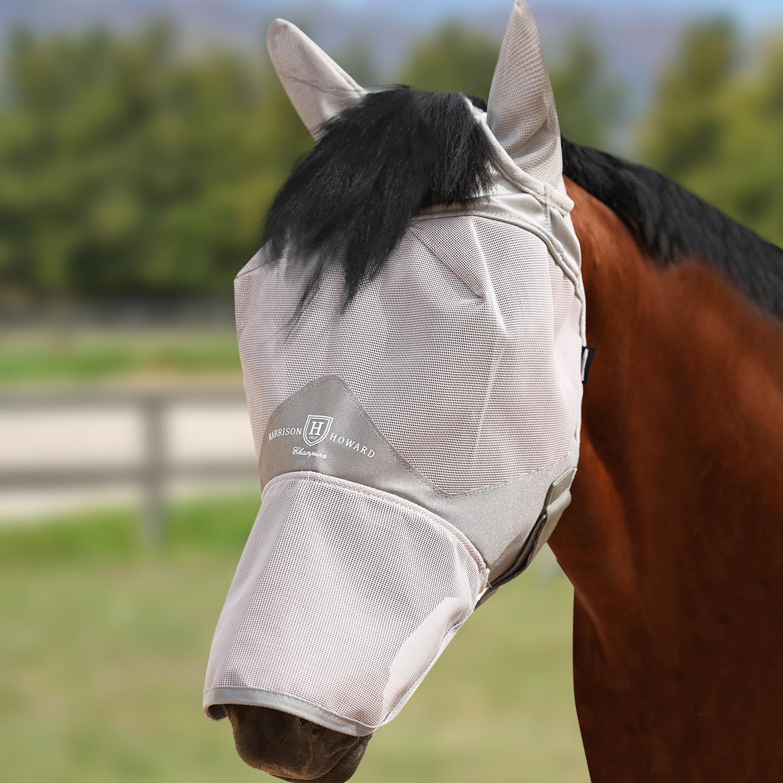 Harrison Howard Full Face Horse Fly Mask UV Protection and Breathable for Equine Use Comfortable Grey L