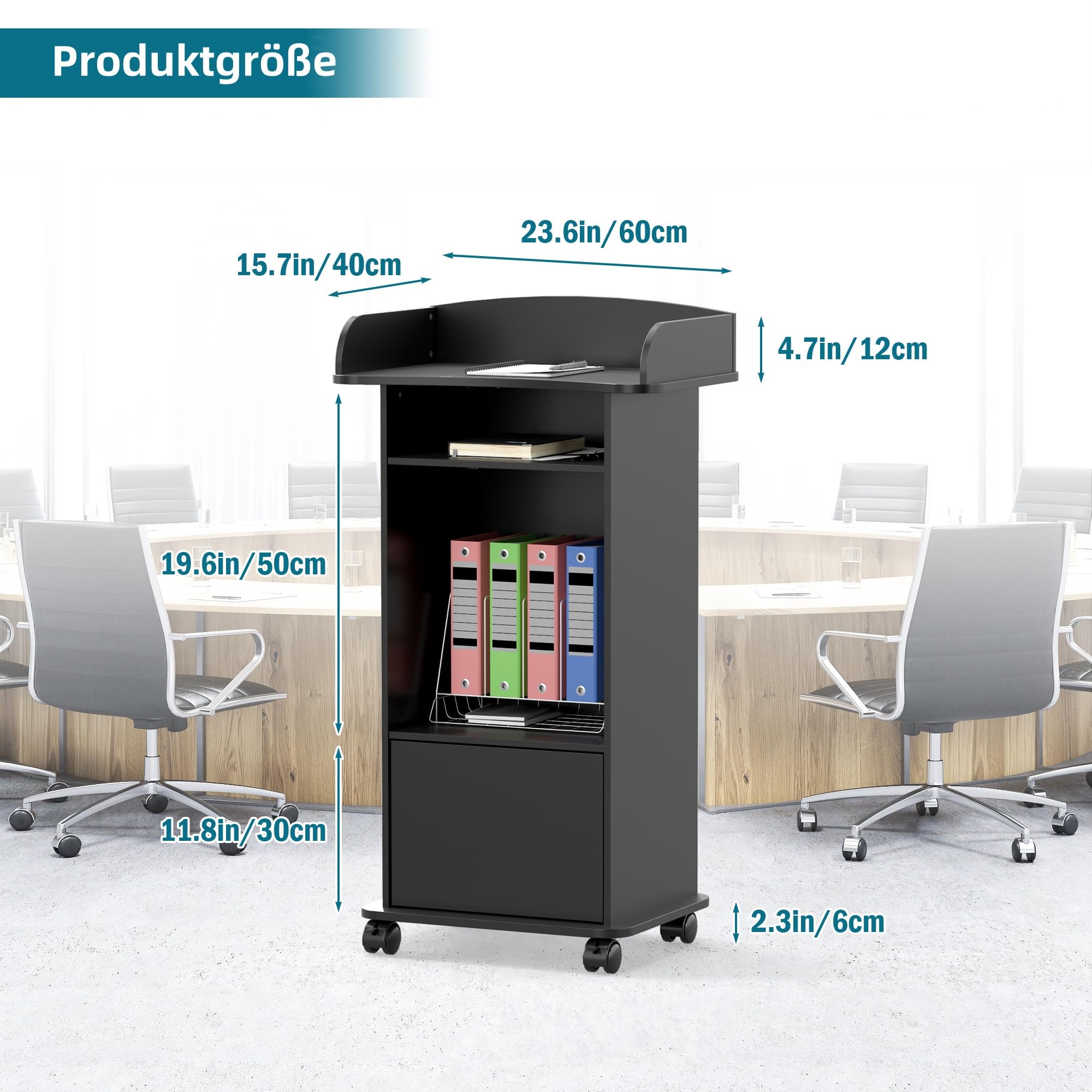 Nisorpa Stojące biurko na podium, 60 x 40 x 100 cm, mobilny pulpit mówniczy na kółkach, drewniane podium, do klasy, sali wykładowej, audytorium, sali konferencyjnej, kolor czarny