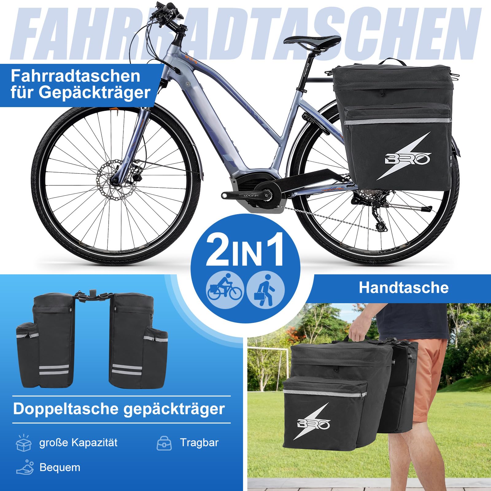 BRO Wodoszczelna torba rowerowa jako podwójna torba, 34 l, torba na bagażnik rowerowy z wodoodporną ochroną przed deszczem, torba rowerowa na rowery elektryczne i MTB