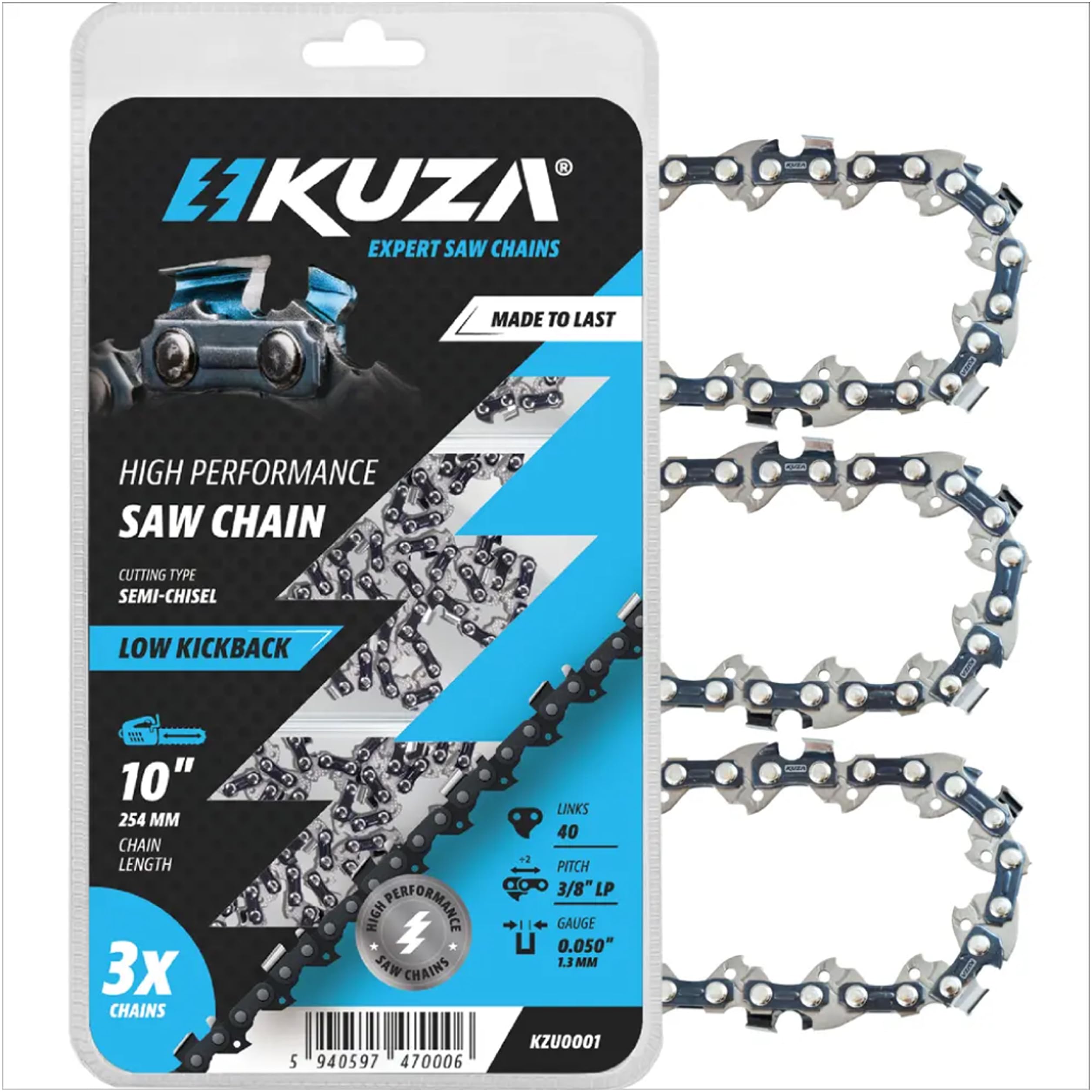 Premium 10 Inch Chainsaw Chain 3/8" LP Pitch, 050" Gauge, 40 Drive Links, German Steel, fits MAKITA, ECHO, Remington RM1035P, Worx WG309, Sun Joe