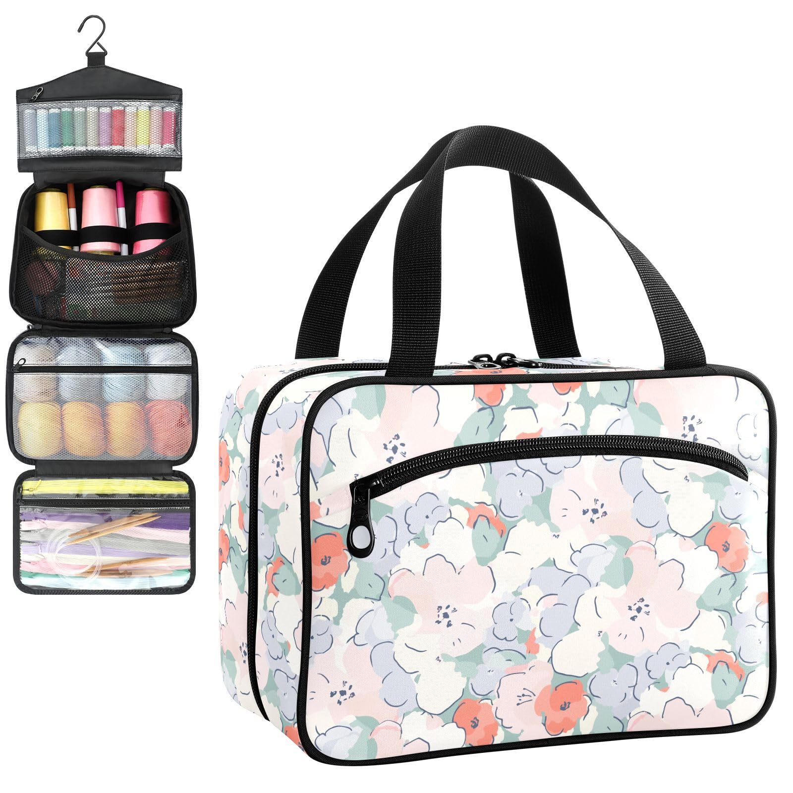 YNNALE Sewing Supply Organizer Bag, Abstract Cute Flowers Portable Sewing Bags with Pockets&Hanger, Sewing Storage Box Case for Sew Supplies/Kit/Tools/Accessories (BAG ONLY)