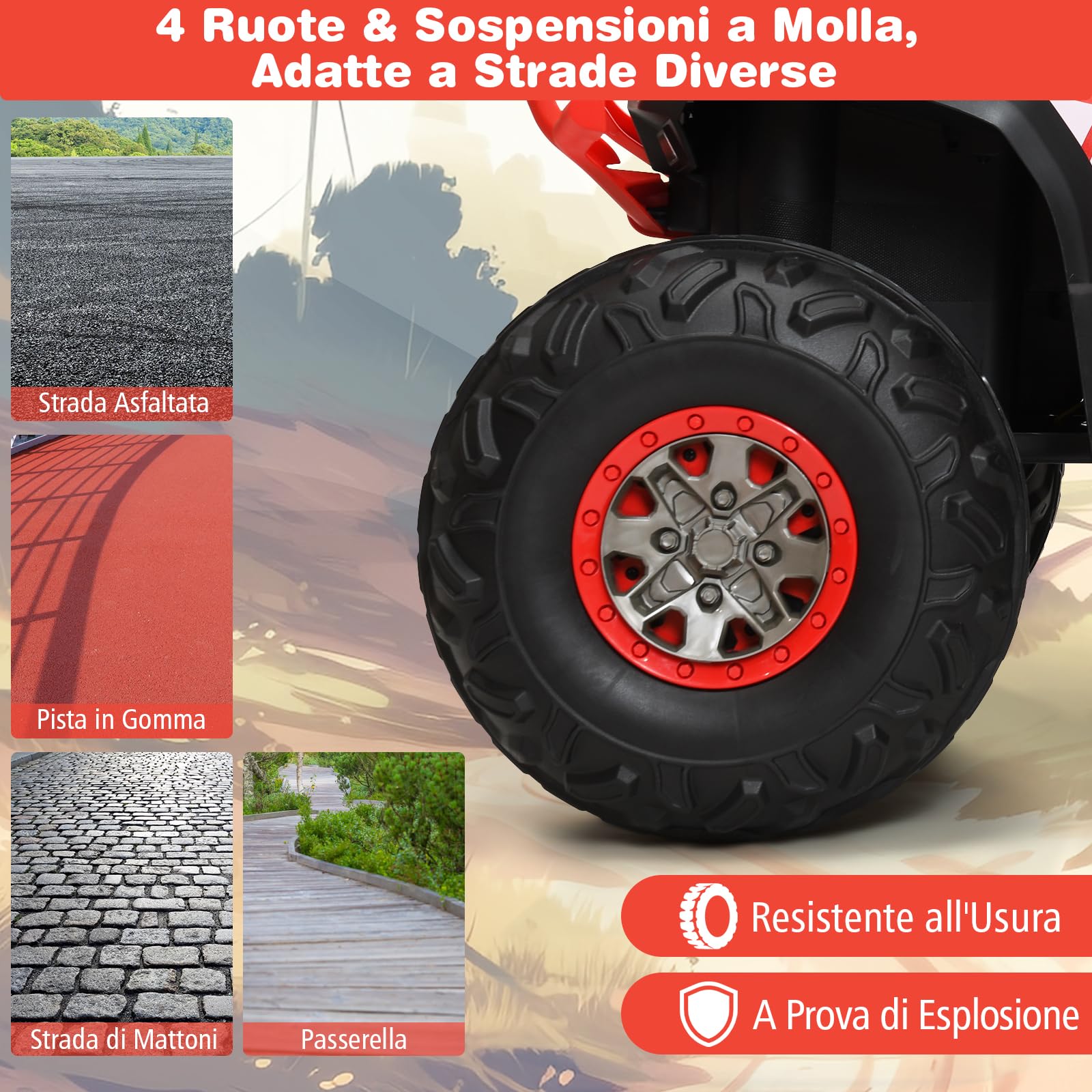 GYMAX Auto Elettrica per Bambini 3+ Anni, Quad Elettrico 12 V per Bambini con Funzioni USB/MP3/TF, Fari a LED, Clacson, 2 Velocità, Carica di Peso 50 kg, 113 x 69 x 76 cm (Rosso)