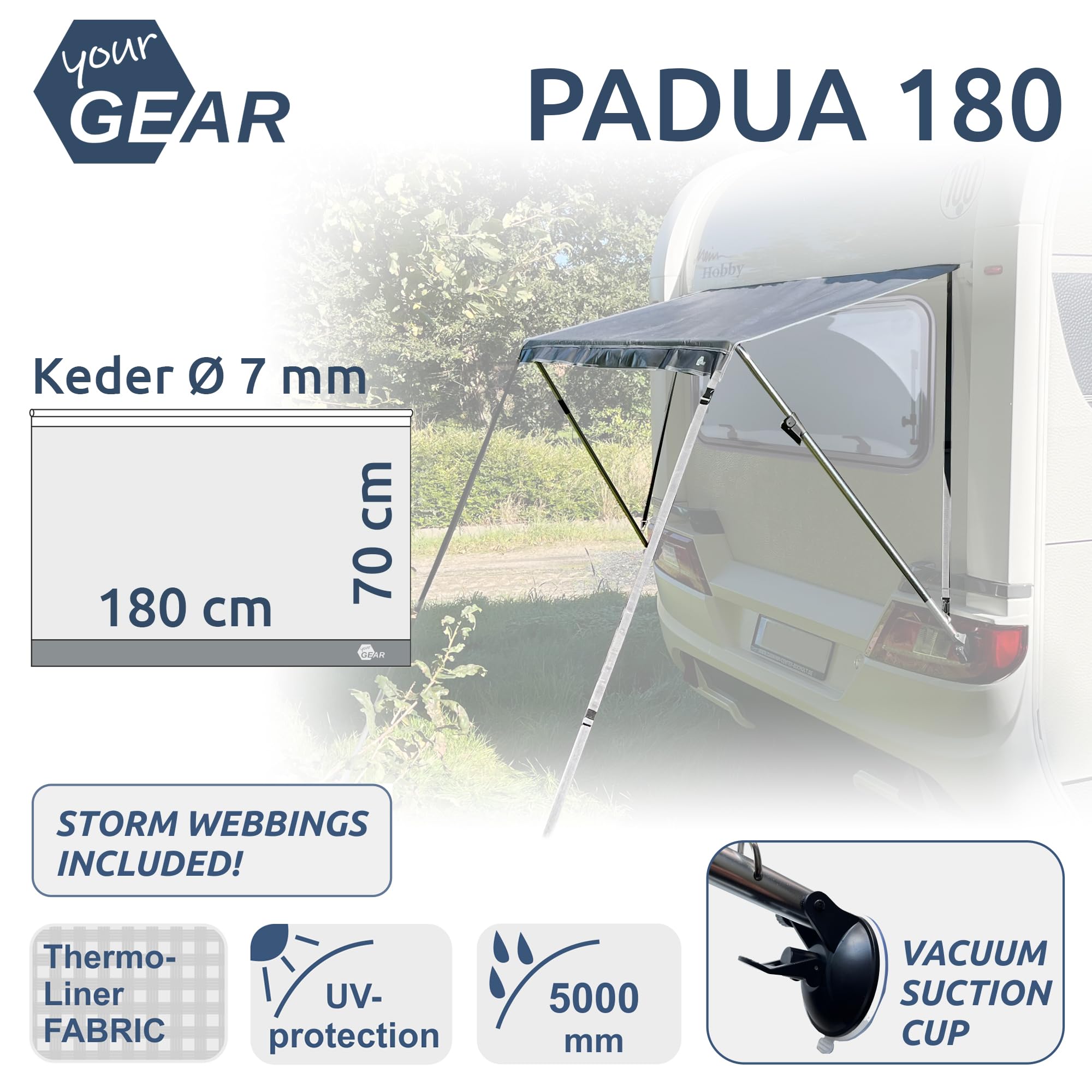 your GEAR Padua - Toldo para ventana de caravana | Tamaños: 140/160/180/200 x 70 cm | 7 mm de refuerzo | Protección solar UV 80+, toldo de camping (gris, 180 x 70 cm)