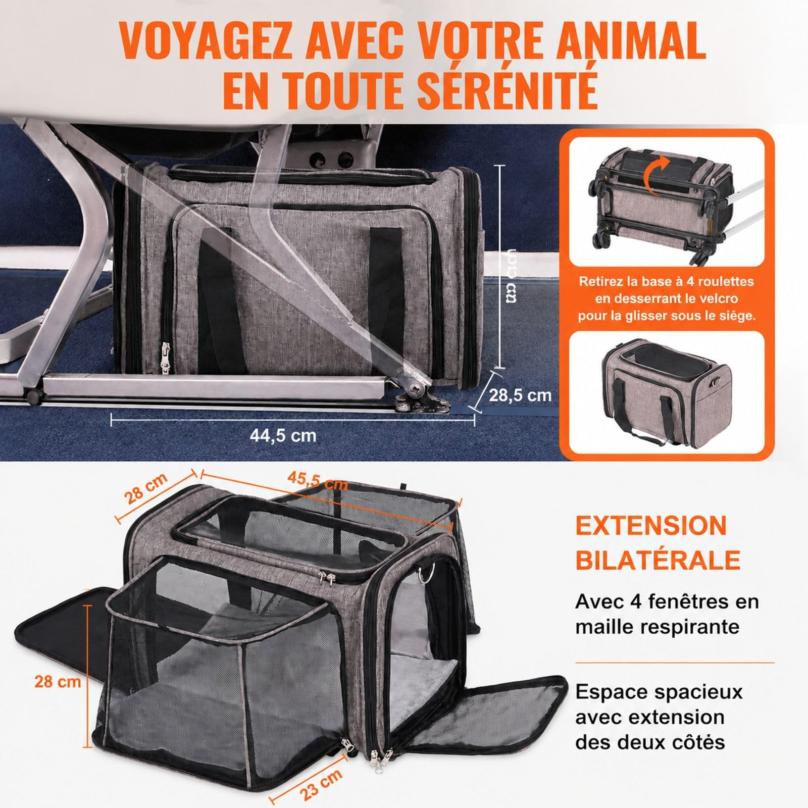 Sac de Transport à roulettes pour Chat et Chien 11,3 kg, Gris, poignée télescopique, bandoulière, gamelle Pliable, Fermeture éclair autobloquante, pour Voyage et Sortie