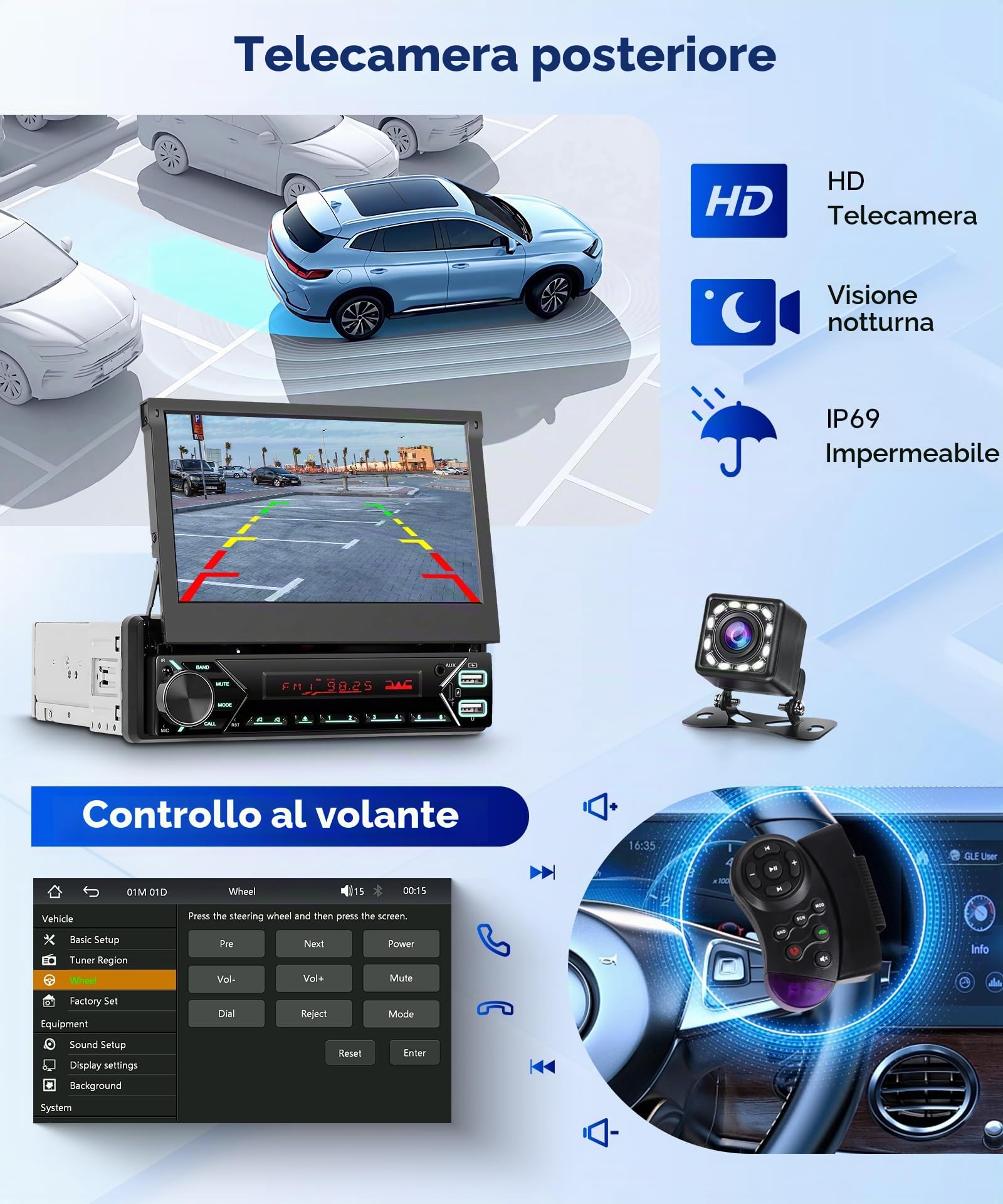 Hodozzy DAB Autoradio 1 Din Wireless Carplay Android Auto con 7 Pollici Retrattile Automatico Display Stereo Auto Bluetooth, Touchscreen con Mirror Link/FM/USB/AUX/TF+Telecamera Retromarcia