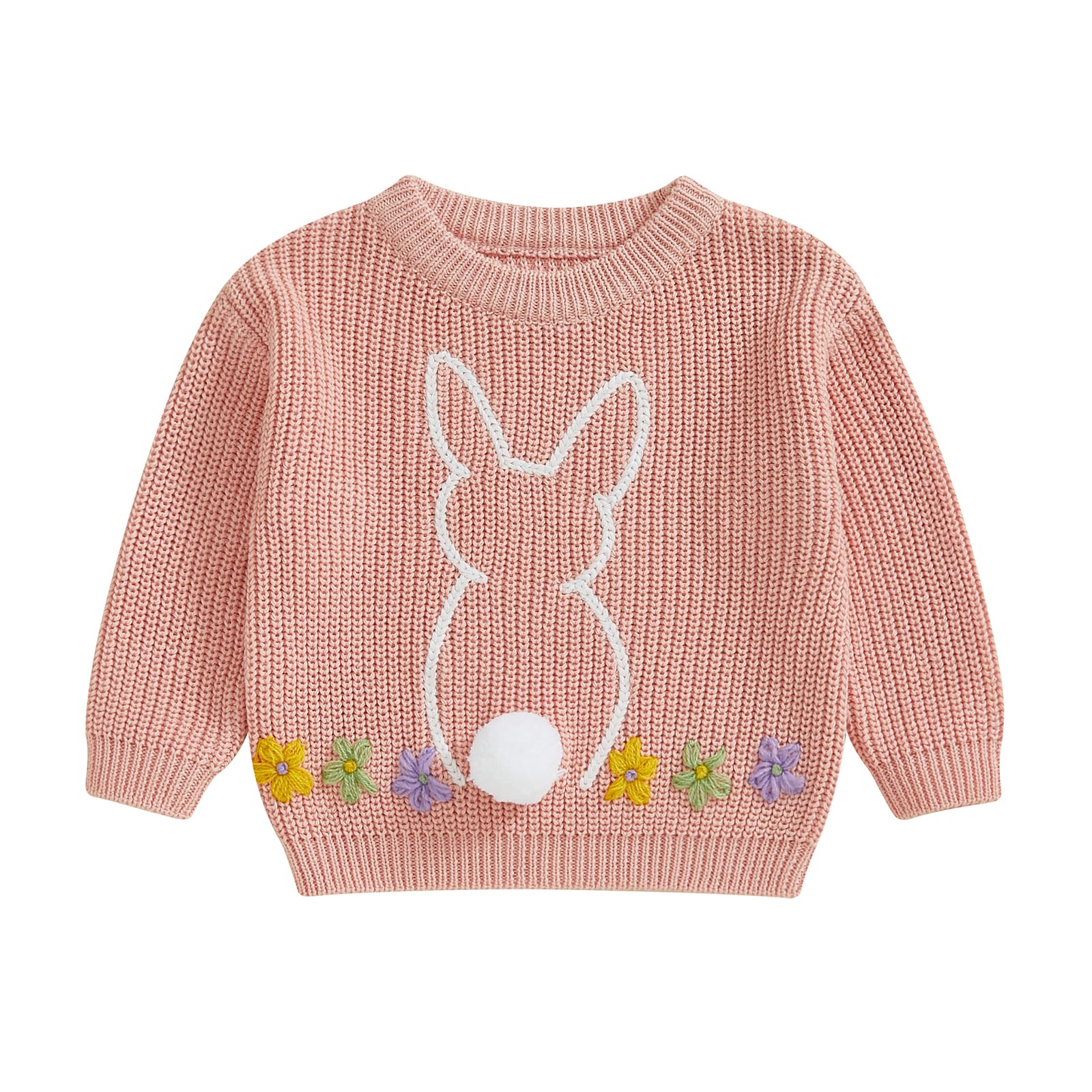 Toddler Baby Boy Girl Easter Sweater Bunny Carrot Embroidery Long Sleeve Chunky Knit Pullover Tops Infant Cute Spring Clothes (Flower Bunny Pink, 2-3 Years)