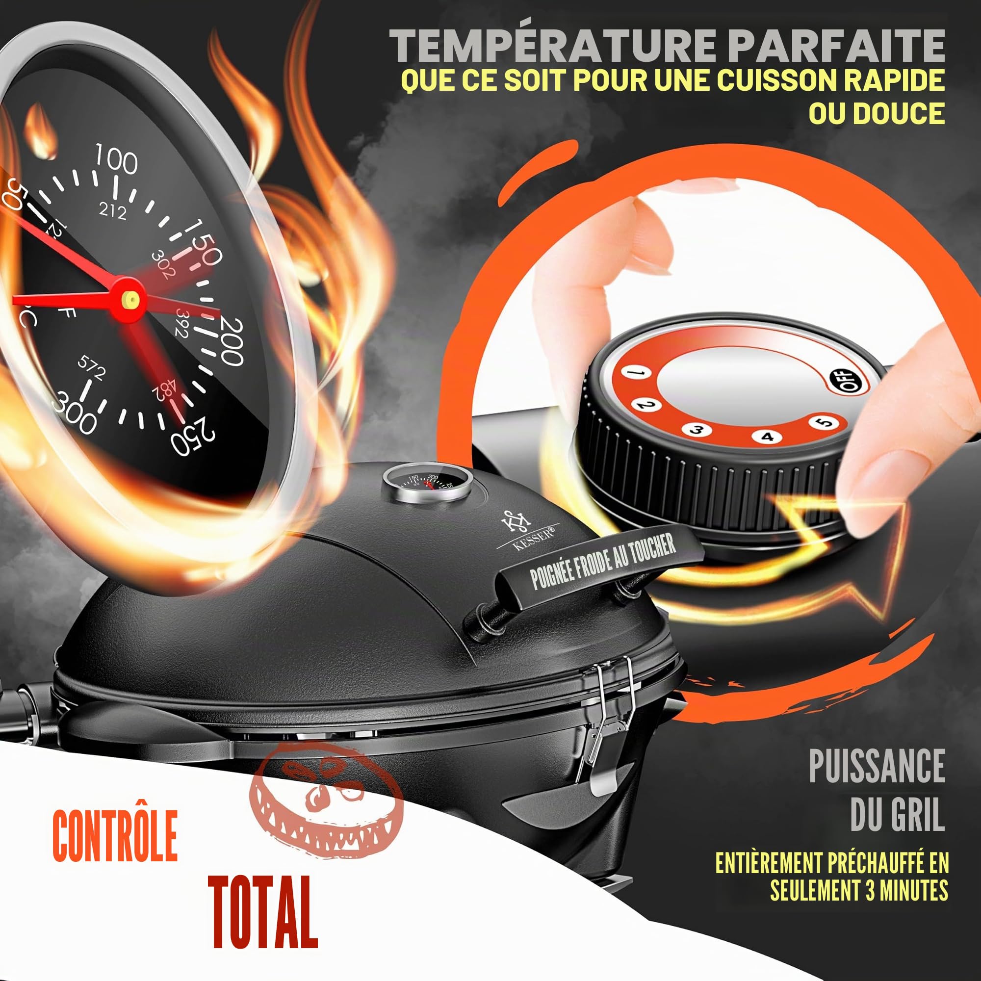 KESSER® barbecue électrique 2 en 1 de table - barbecue sur pied avec couvercle | max. 2400 Watts | Pliable | Thermostat | Revêtement antiadhésif | Plateau de grill avec tables de repos | 2 roues |