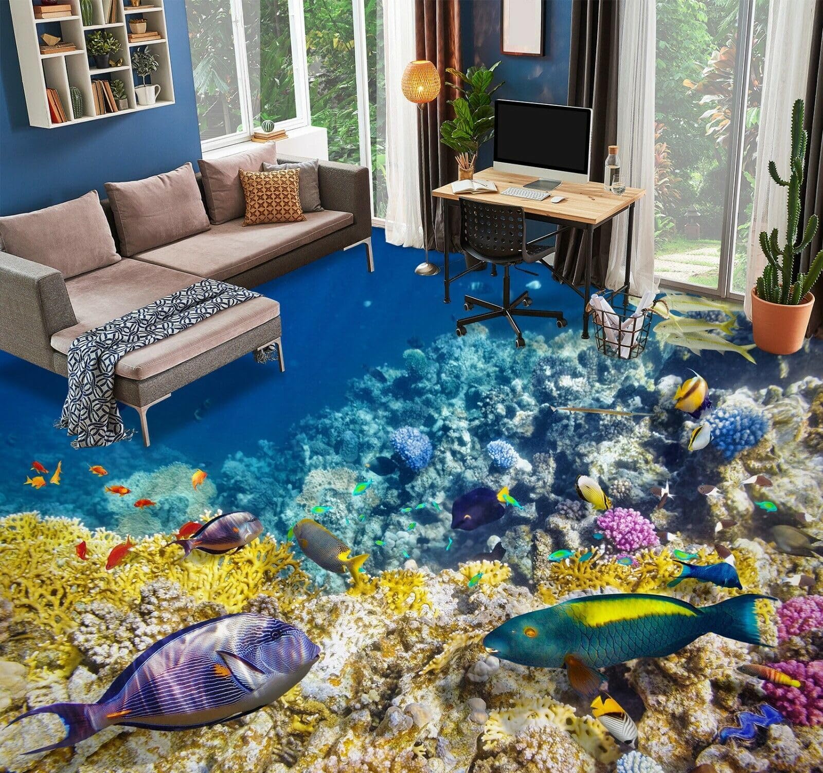 Cartel De Decoración De Piso Murales de papel pintado 3D para suelo de peces oceánicos, 250 * 175 cm palillos autoadhesivos para azulejos de piso para sala de estar, cocina, baño, escaleras, pisos