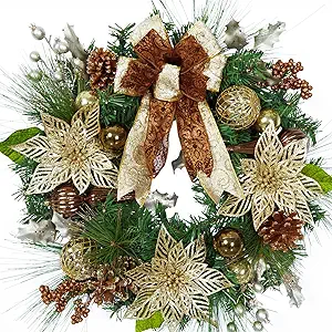 24 Inch Christmas Wreath with Lights, Battery Operated Outdoor Christmas Wreath for Front Door with 20 LED Lights Timer Gold Ball Ornaments Pine Cones and Bow for Home Holiday Decor